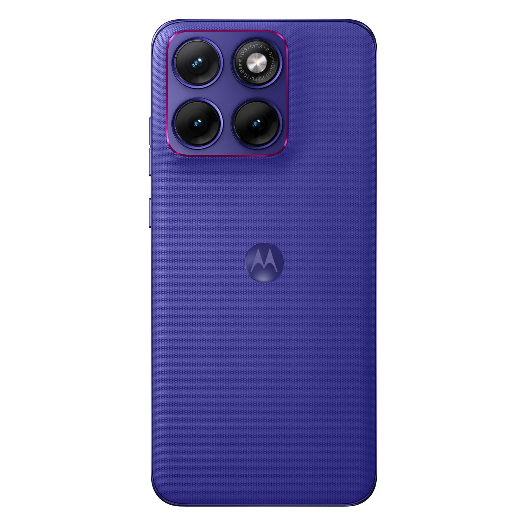 Rückseite eines violetten Smartphones mit vier Kameras und Motorola-Logo.