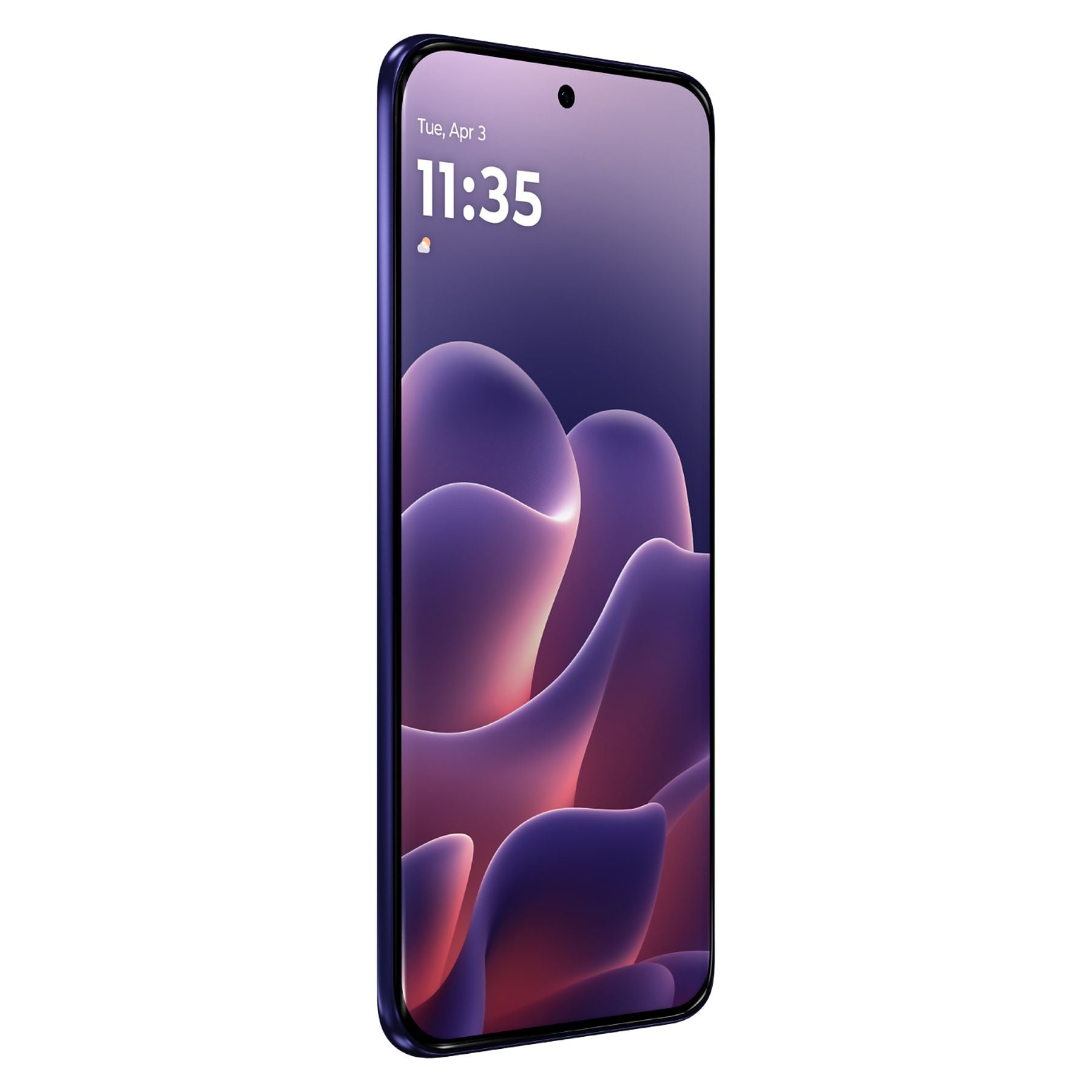 Ein violettes Smartphone zeigt 11:35 Uhr und eine abstrakte Tapete.