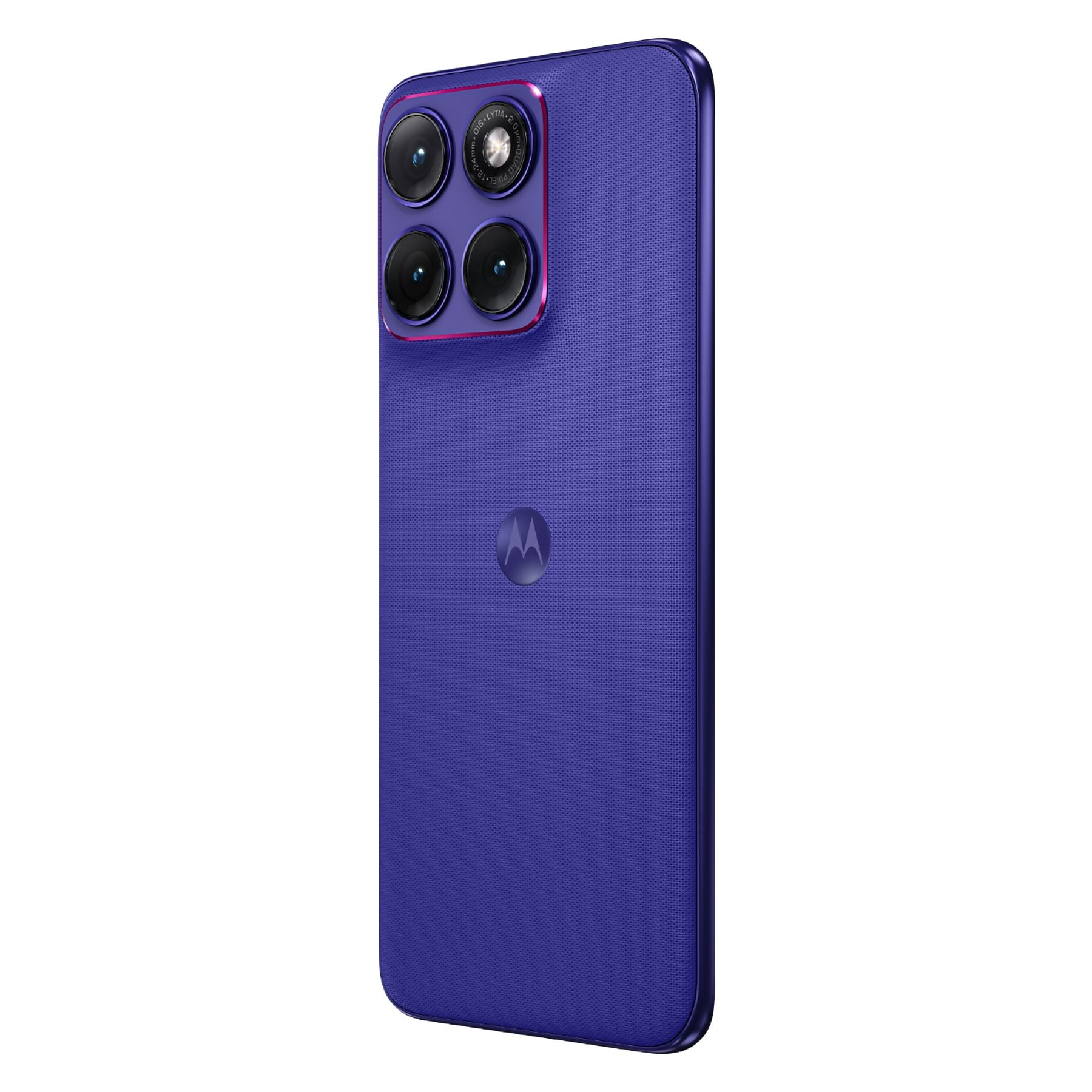 Ein violetter Motorola Smartphone mit vier Kameras und einem M-Logo.
