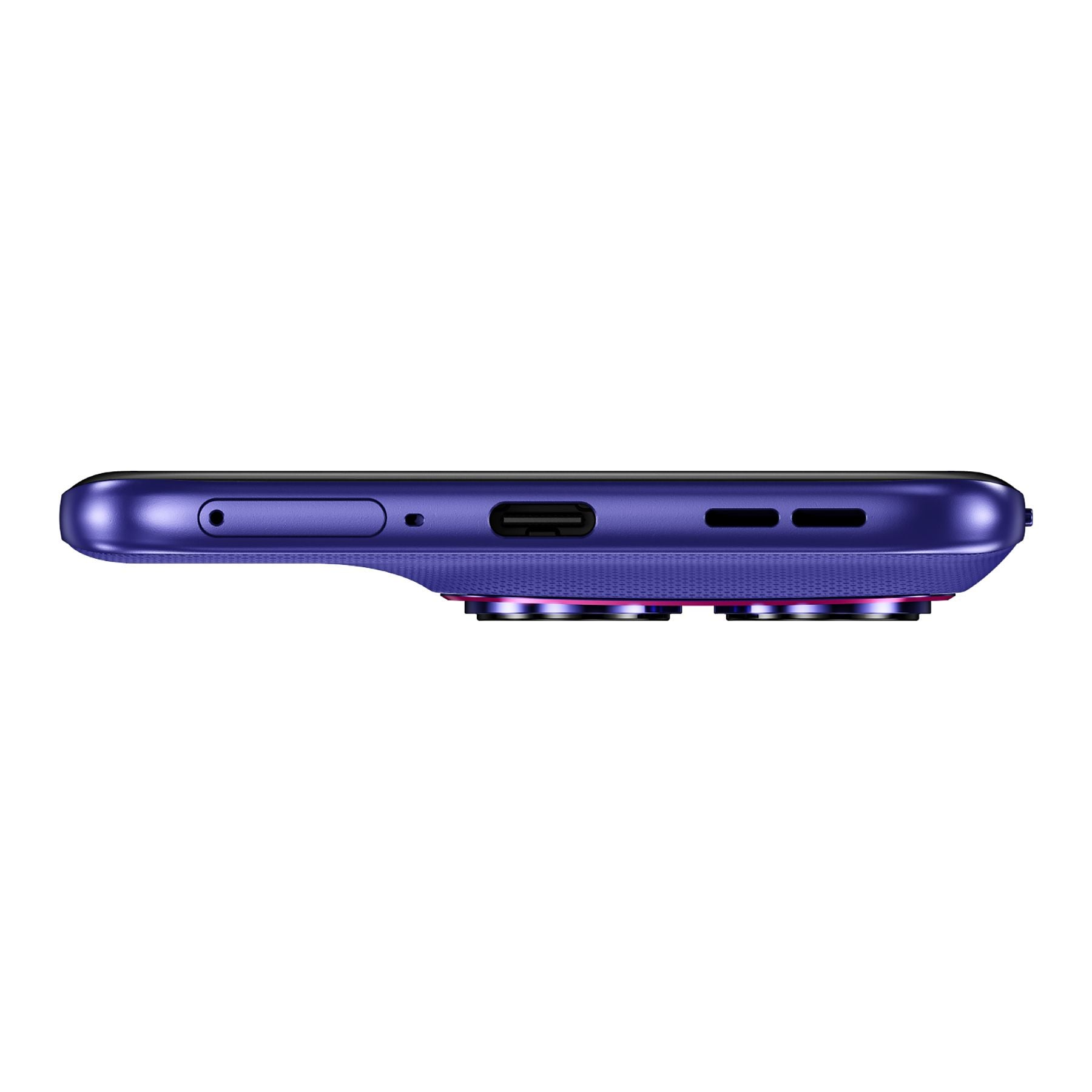 Lila Smartphone-Seite mit Ladeanschluss, Lautsprechergrills und Kameralinsen.