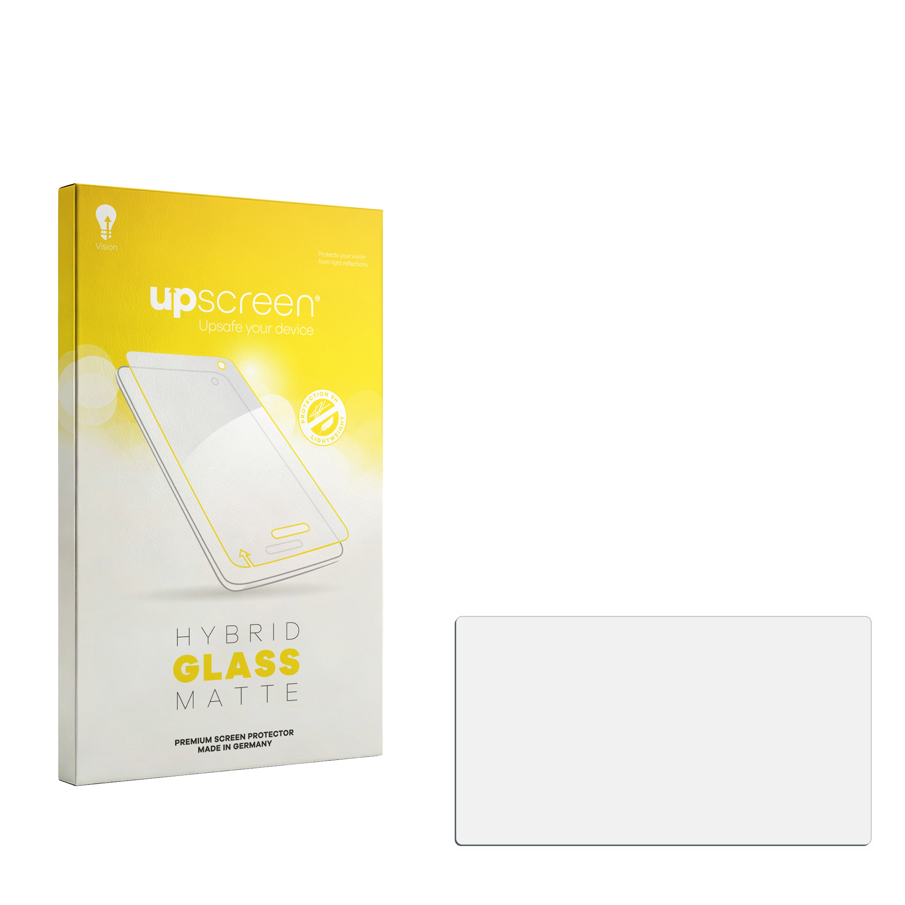 Gelbe Box für upscreen Hybrid Glass Matte Displayschutzfolie, zeigt Handy.