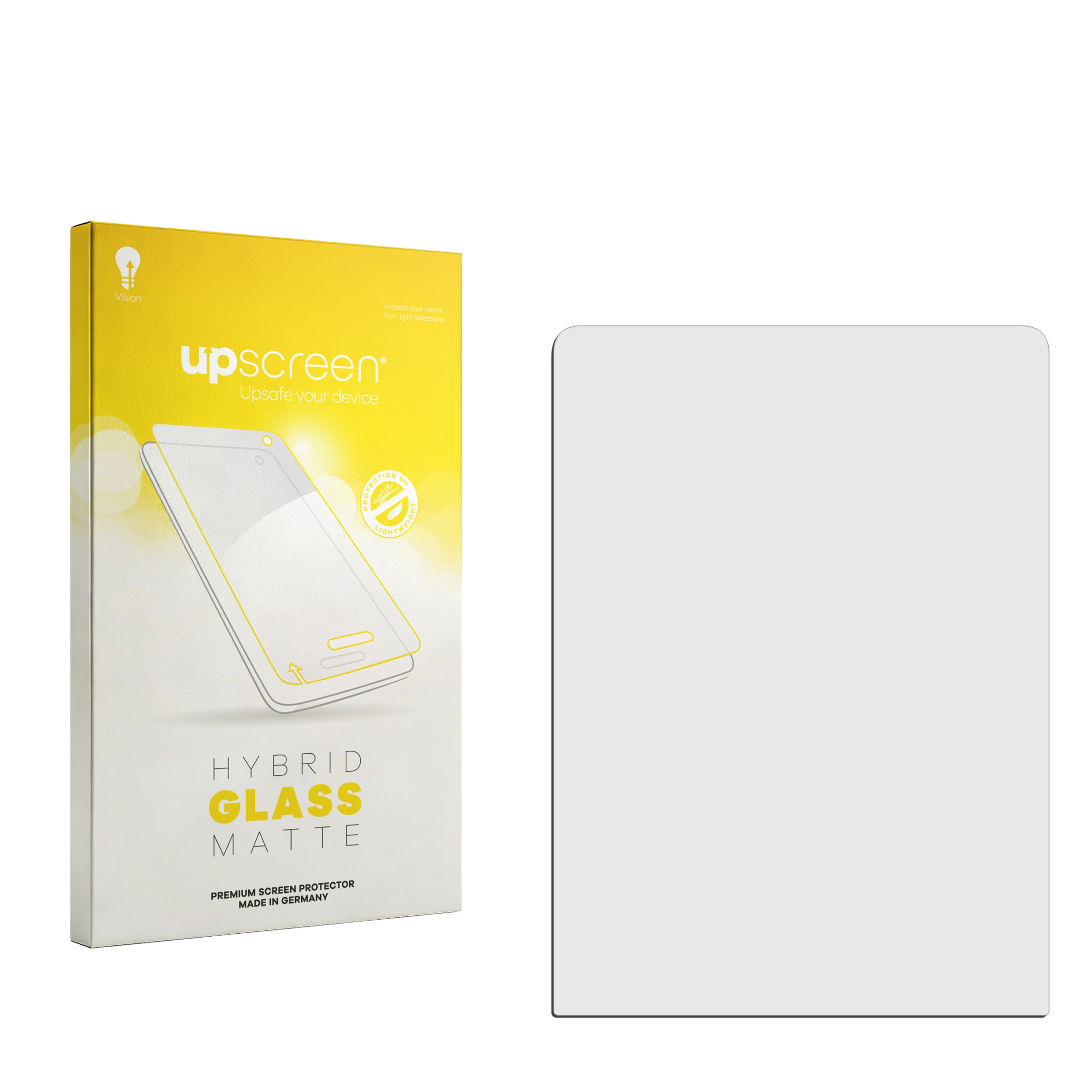 Verpackung für "upScreen Hybrid Glass Matte" neben einer Schutzfolie.