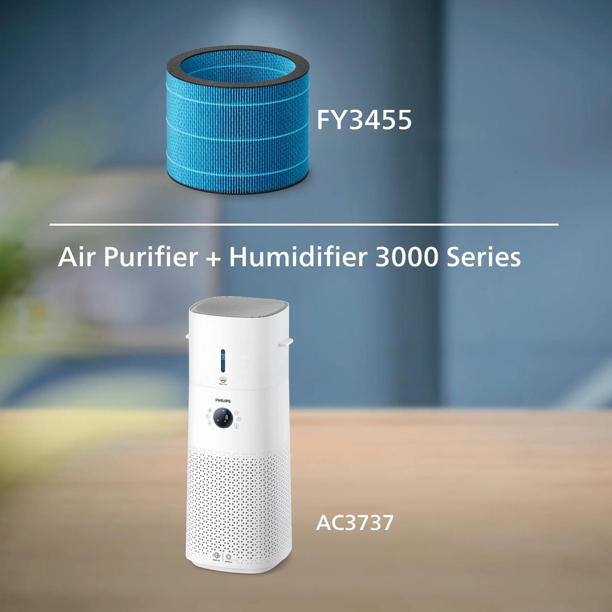 Un filtro dell'aria blu (FY3455) sopra un purificatore/umidificatore bianco (AC3737).