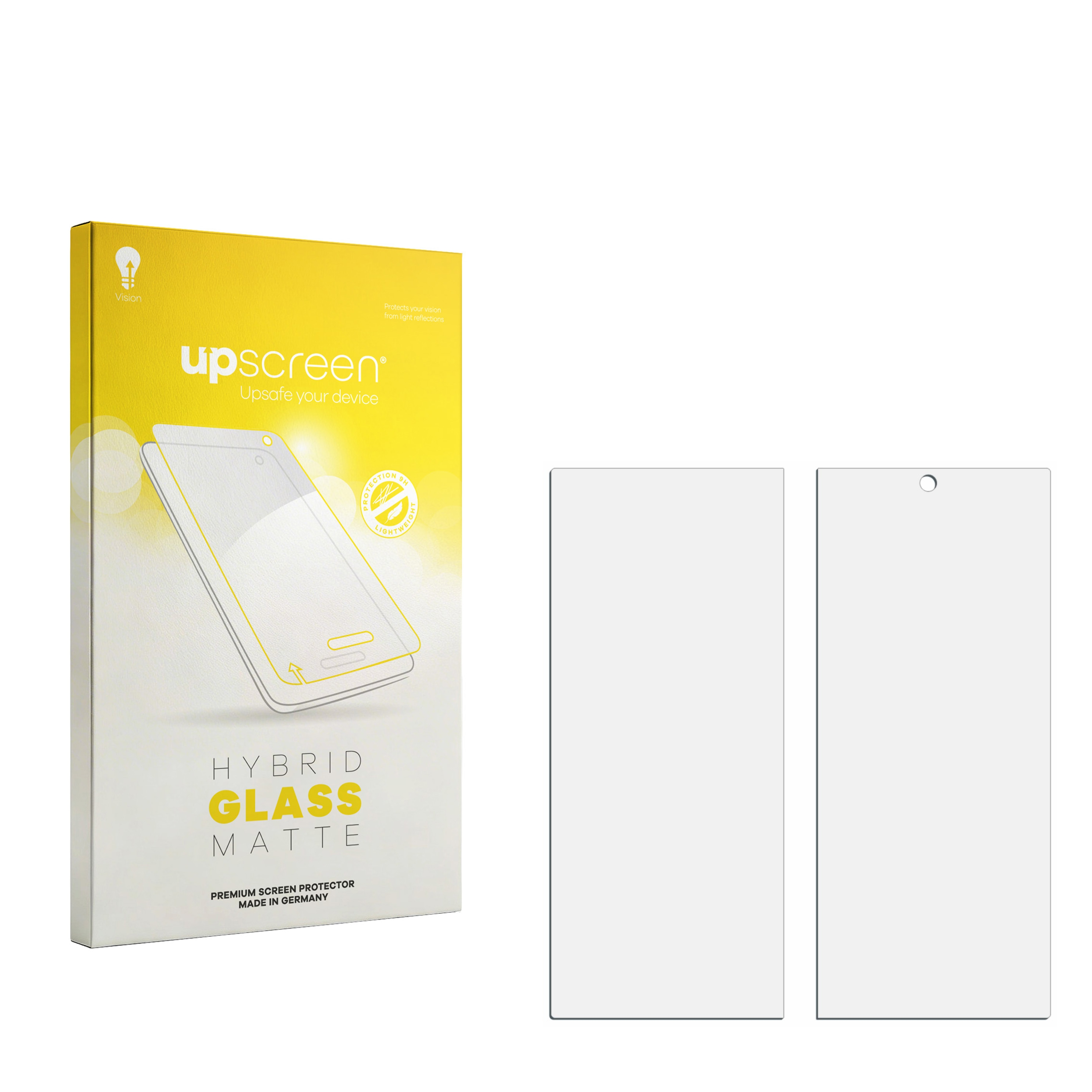 Verpackung für Displayschutzfolie mit zwei Schutzfolien daneben.