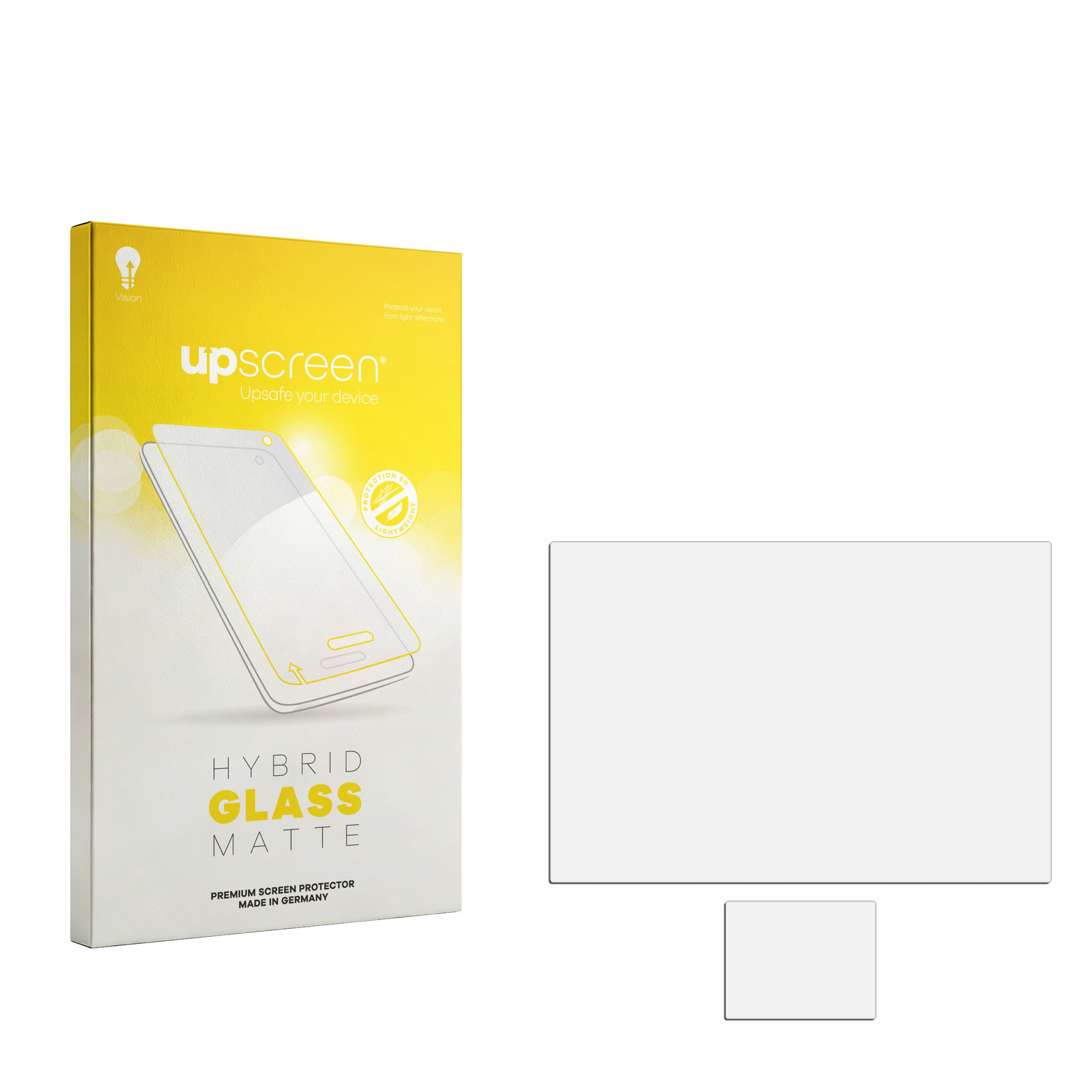 Verpackung für einen matten Hybrid-Glasschutz mit Handy-Abbildung.