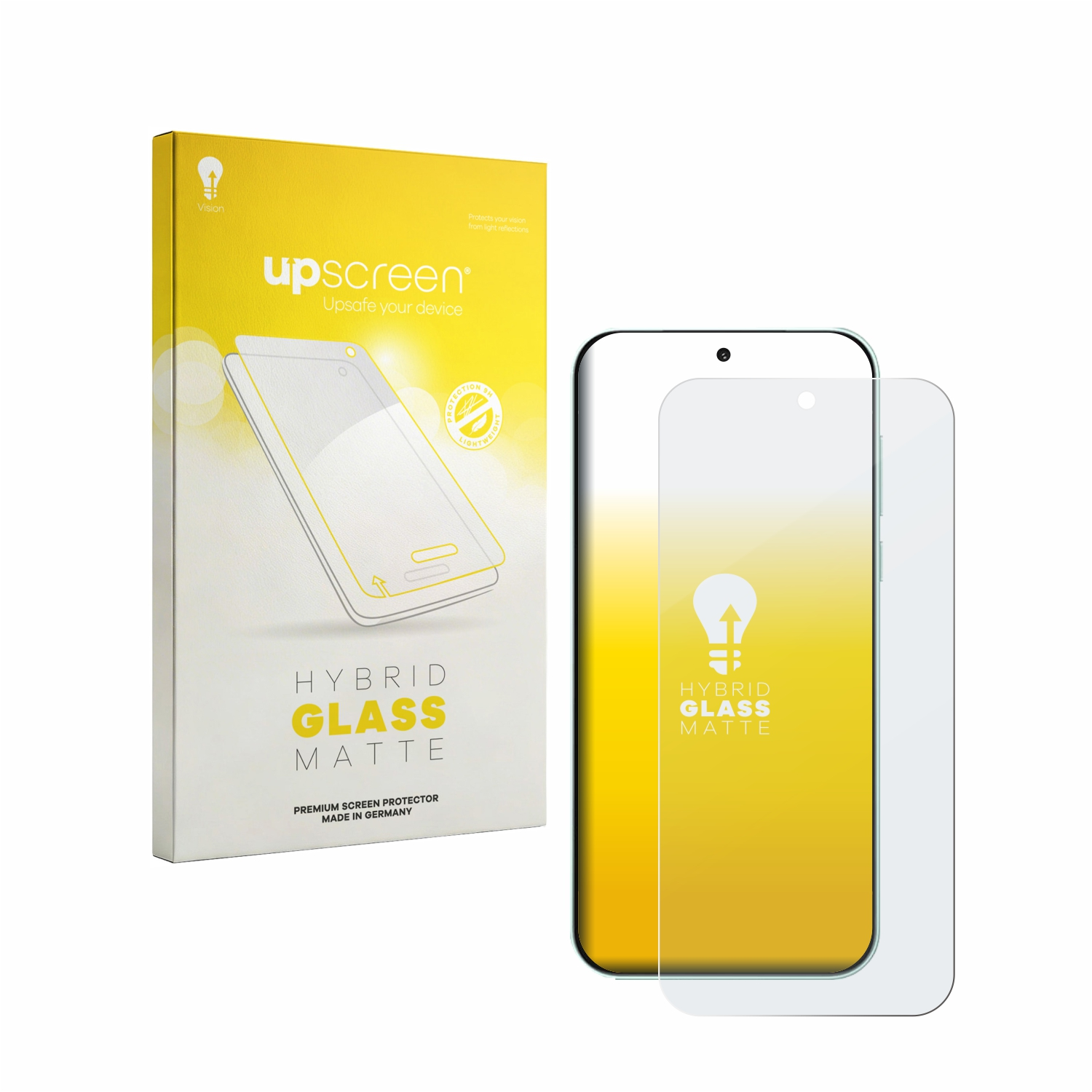 Verpackung und Displayschutzfolie für ein Smartphone mit Hybrid Glass Matte Aufschrift.