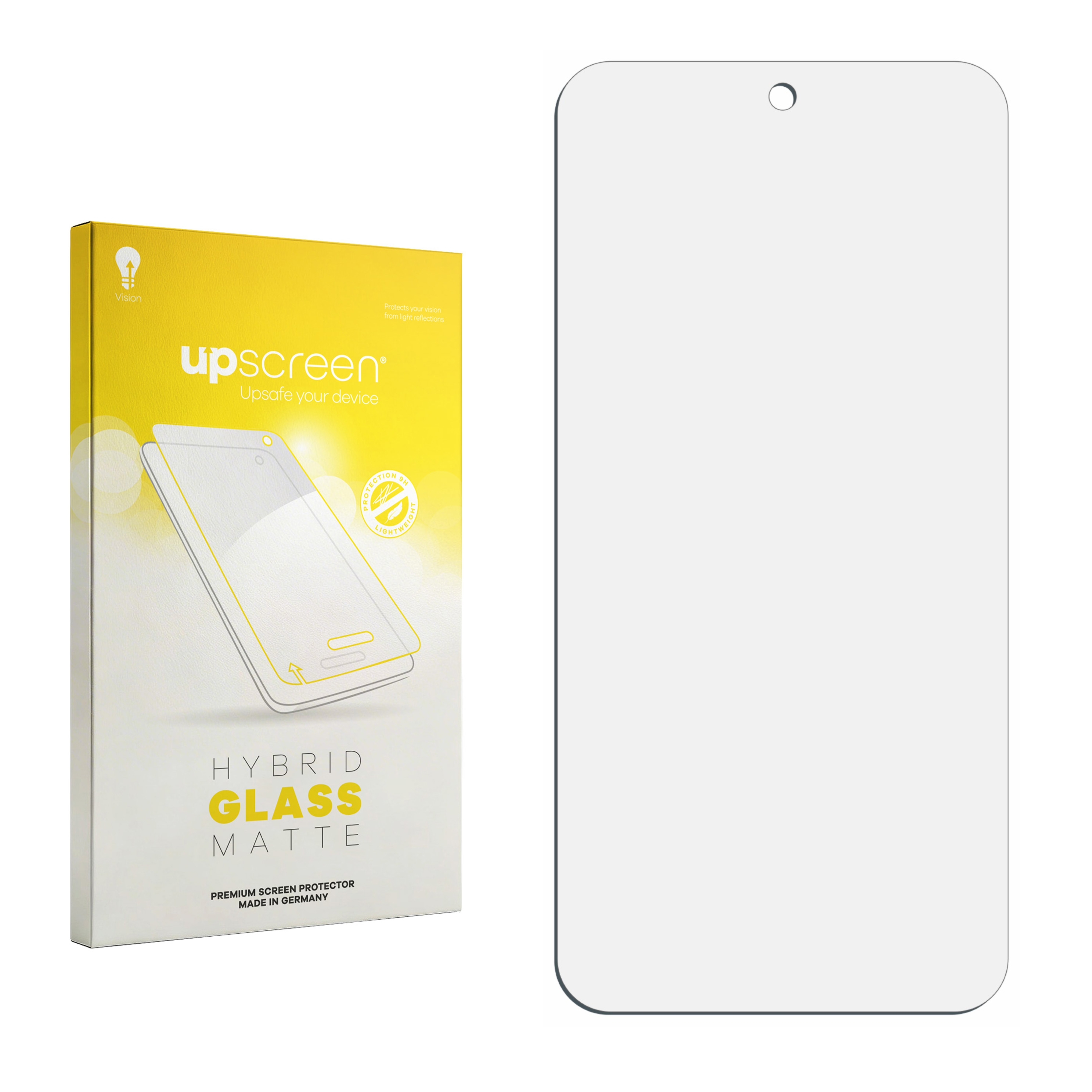 Verpackung für einen matten Displayschutz aus Hybridglas mit Handy-Abbildung.