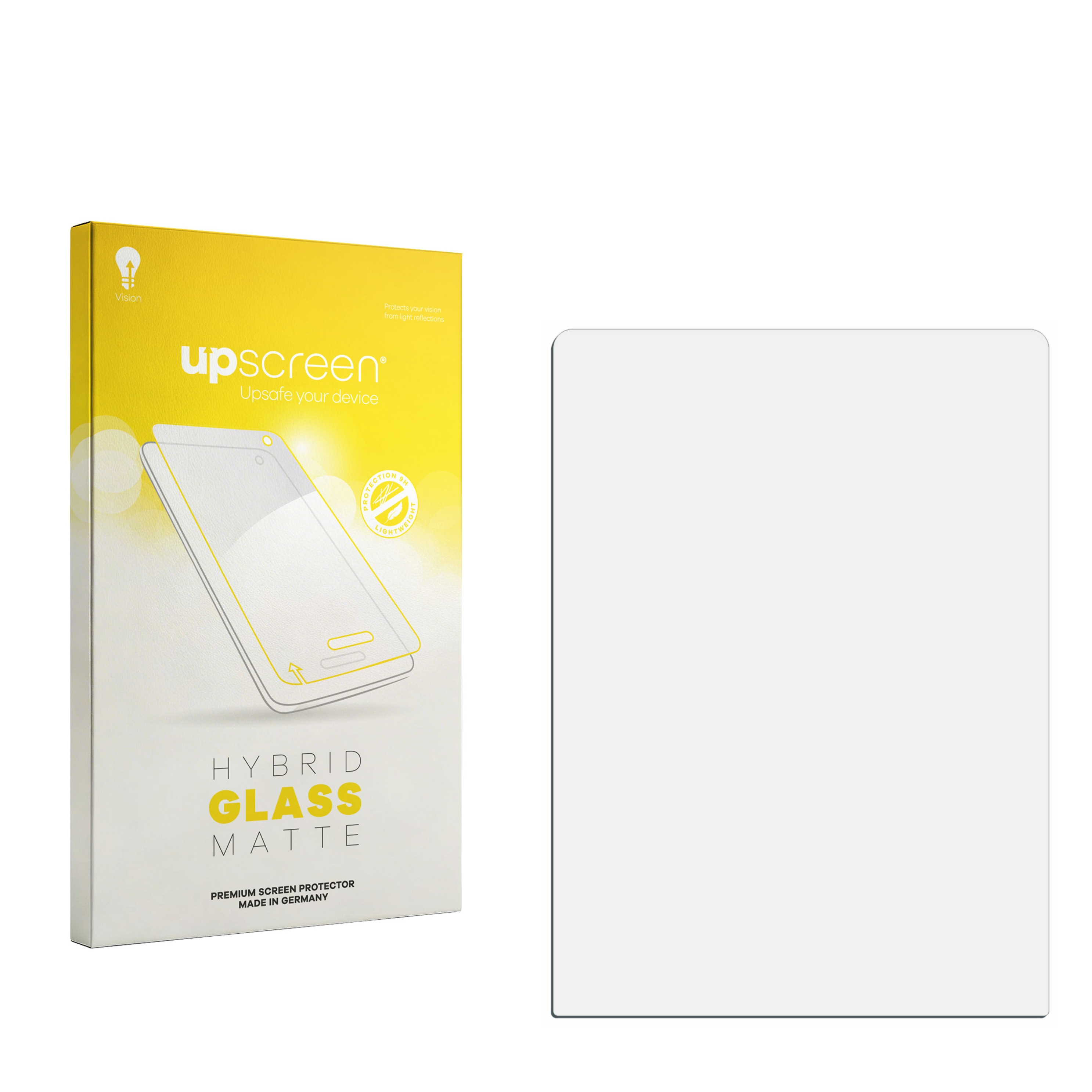 Gelbe Verpackung mit einem Bild eines Smartphones und einer Schutzfolie daneben.