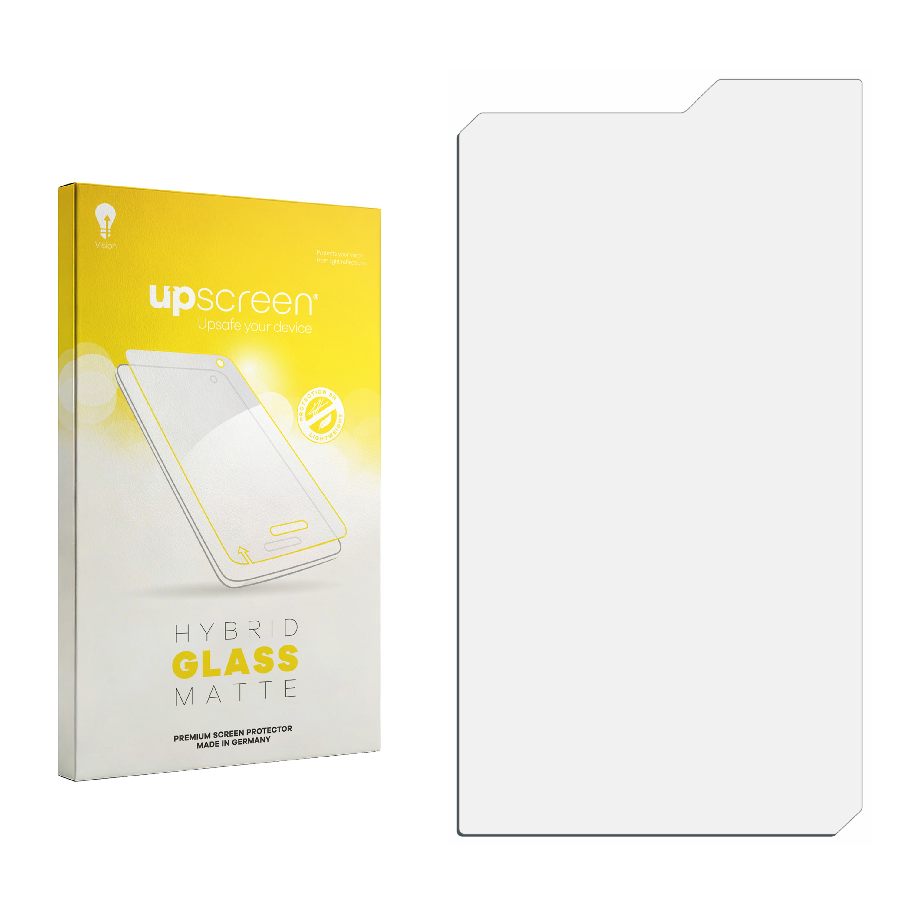 Gelbe Box für matte Hybridglas-Displayschutzfolie, mit Handy-Grafik.