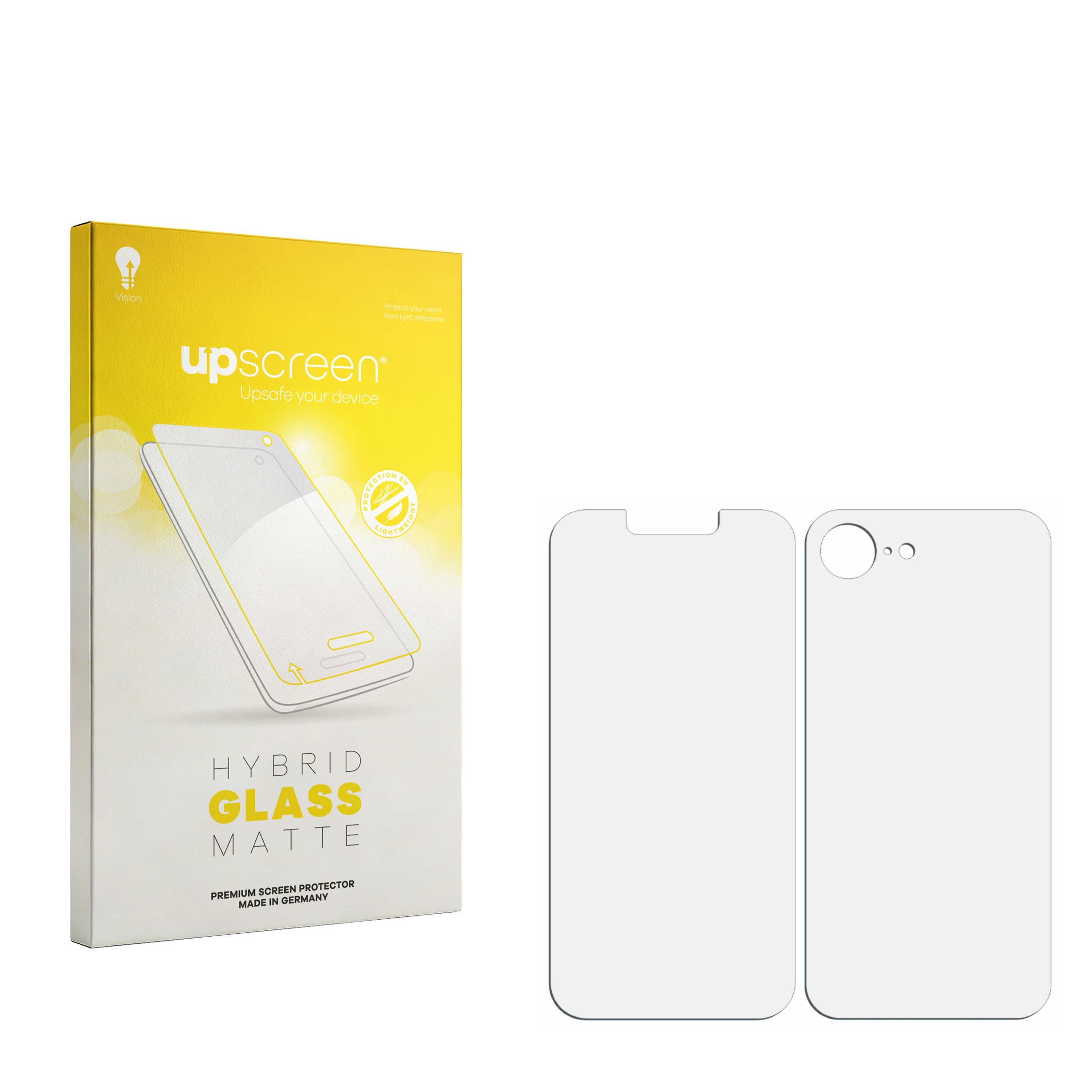 Verpackung für "upscreen" Hybrid Glass Matte Displayschutzfolie mit zwei Schutzfolien.