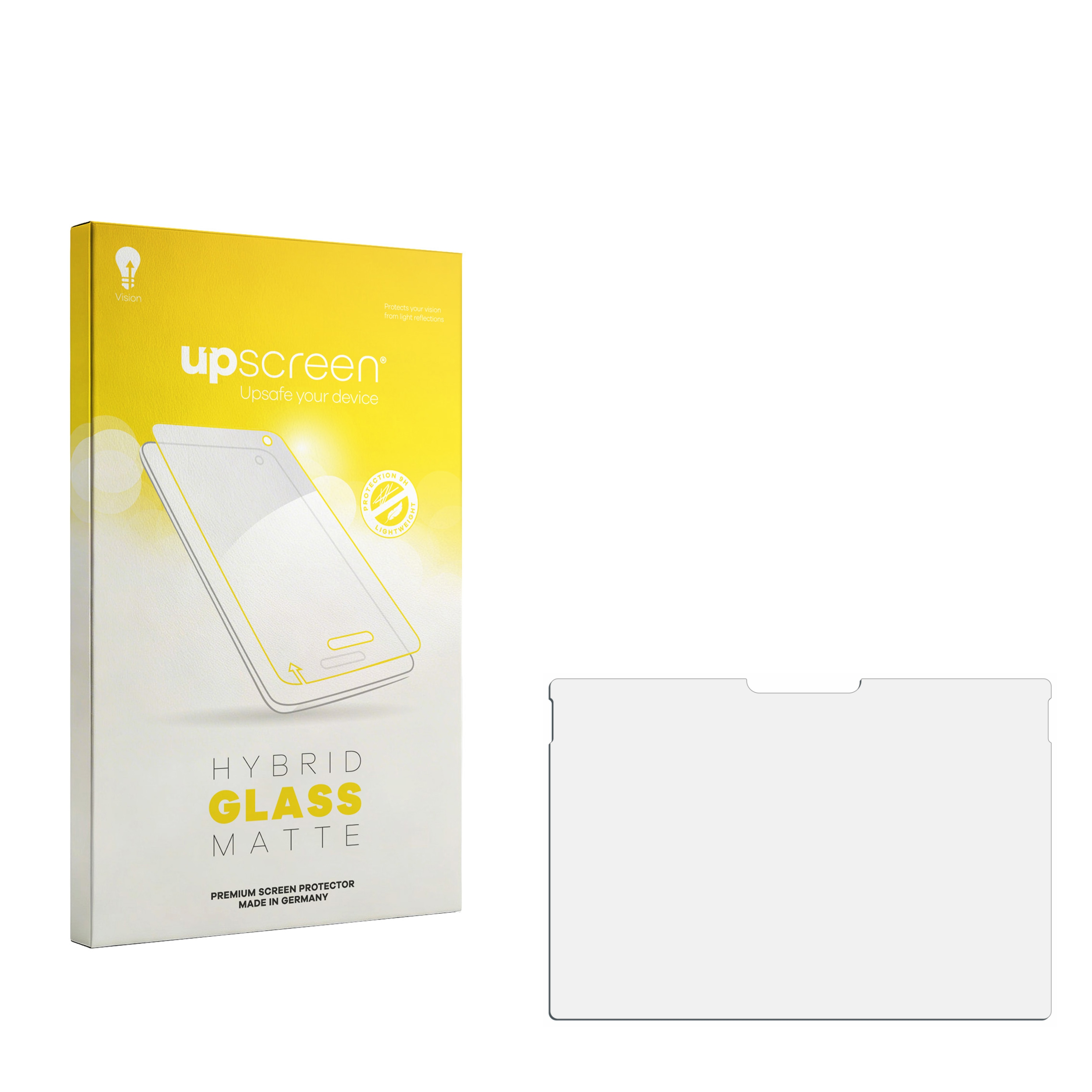 Gelbe Verpackung mit "upscreen" und einem Handy-Display-Schutz.
