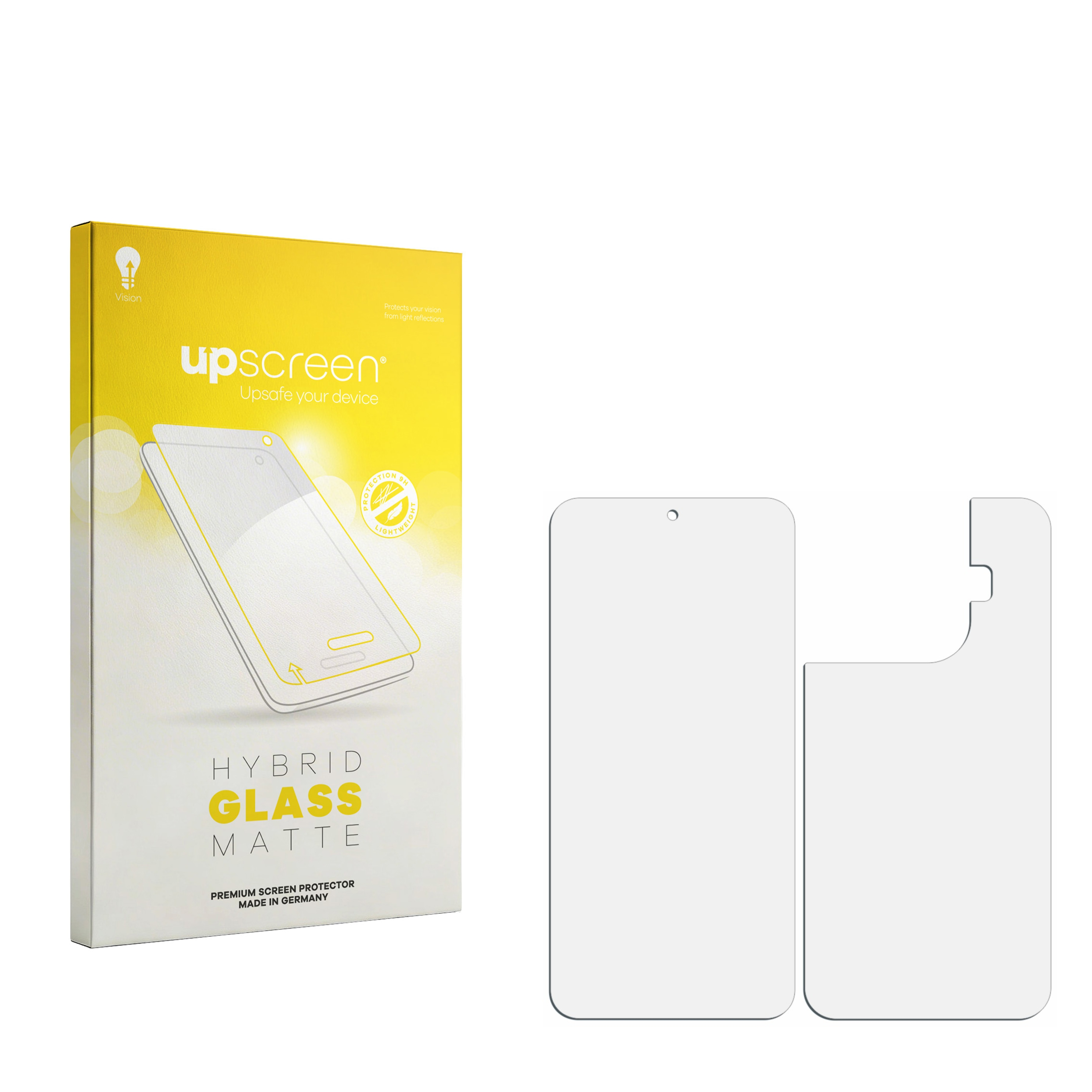 Eine Verpackung für einen matten Displayschutz aus Hybridglas und zwei Schutzfolien.
