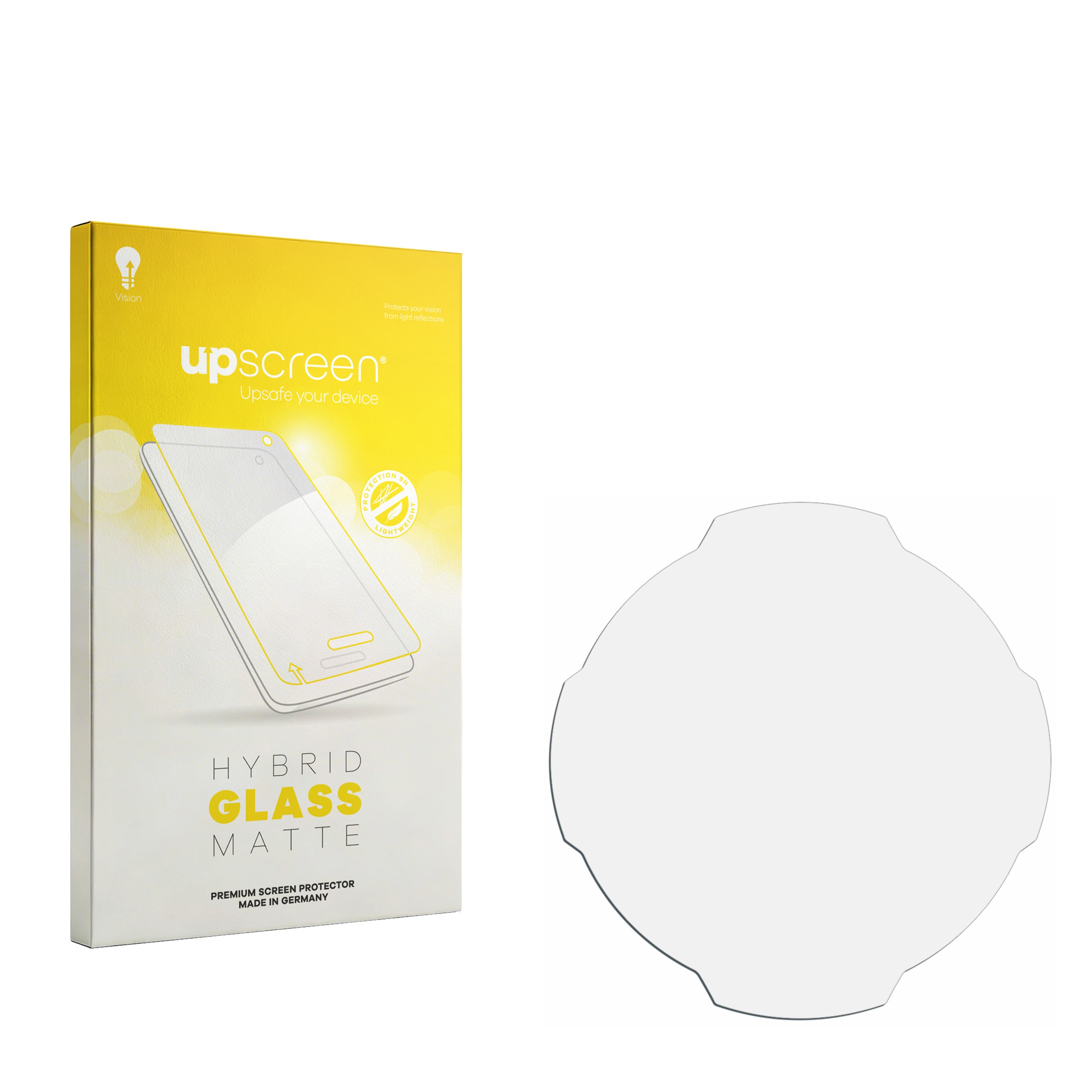 Gelber Karton mit 'upscreen HYBRIDGLASS MATTE' und Handy-Grafik. Ein klarer Displayschutz.
