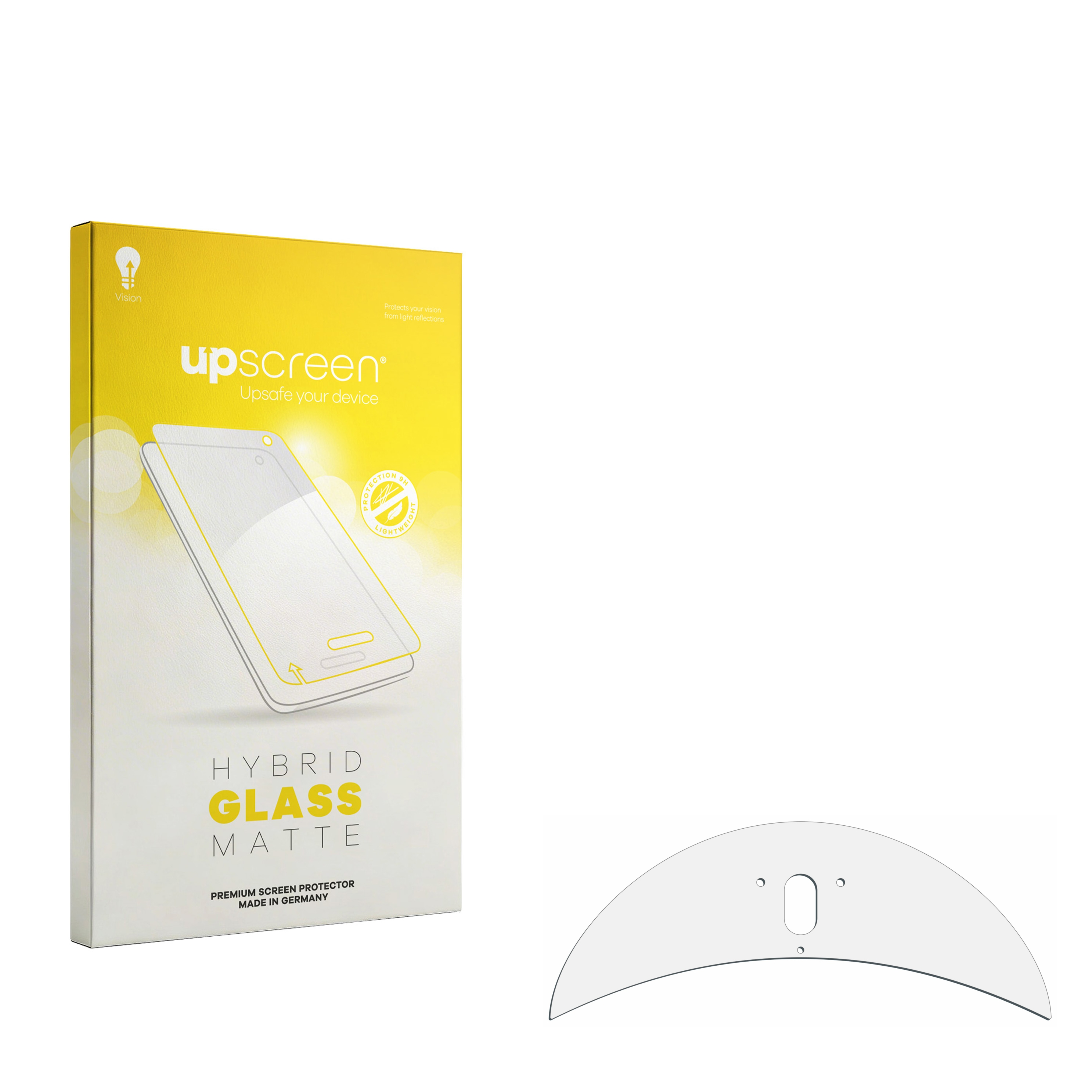 Gelbe Verpackung für Displayschutzfolie mit Handy-Abbildung und separatem Schutzglas.