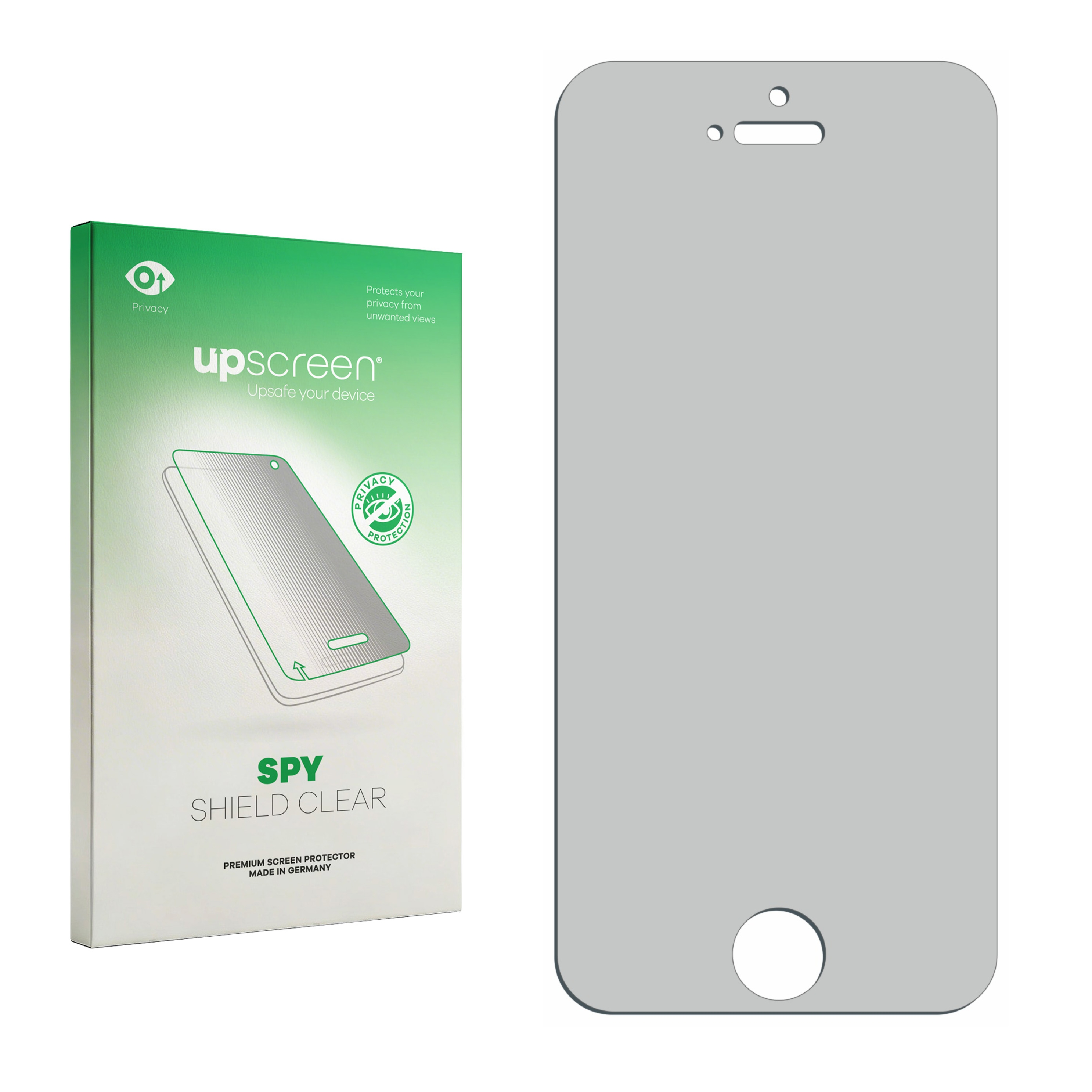 Grüne Verpackung links, Displayschutzfolie rechts. Marke: upscreen.