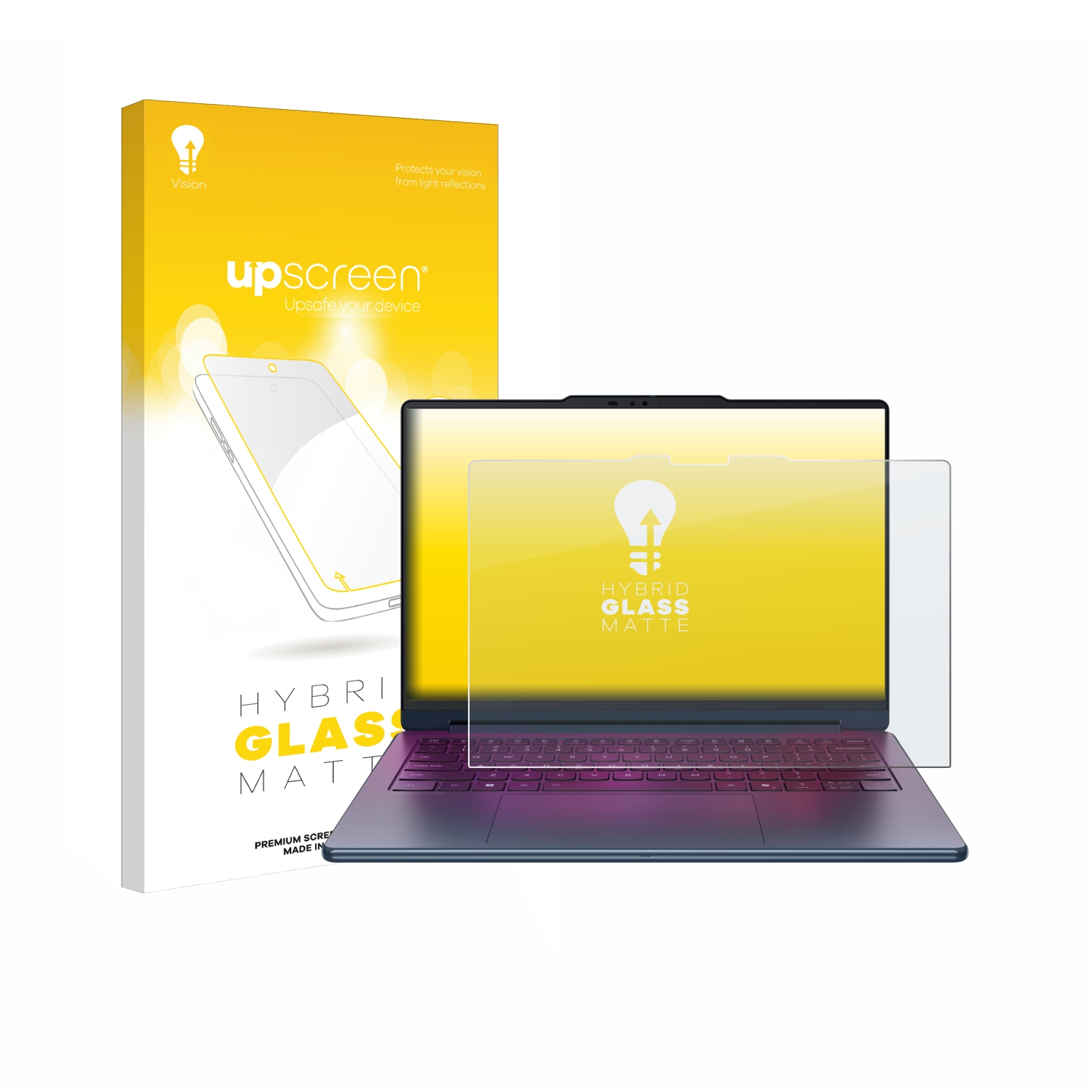 Eine Laptop-Displayschutzfolie und ihre Verpackung. Die Verpackung ist gelb und zeigt das Logo und den Namen.