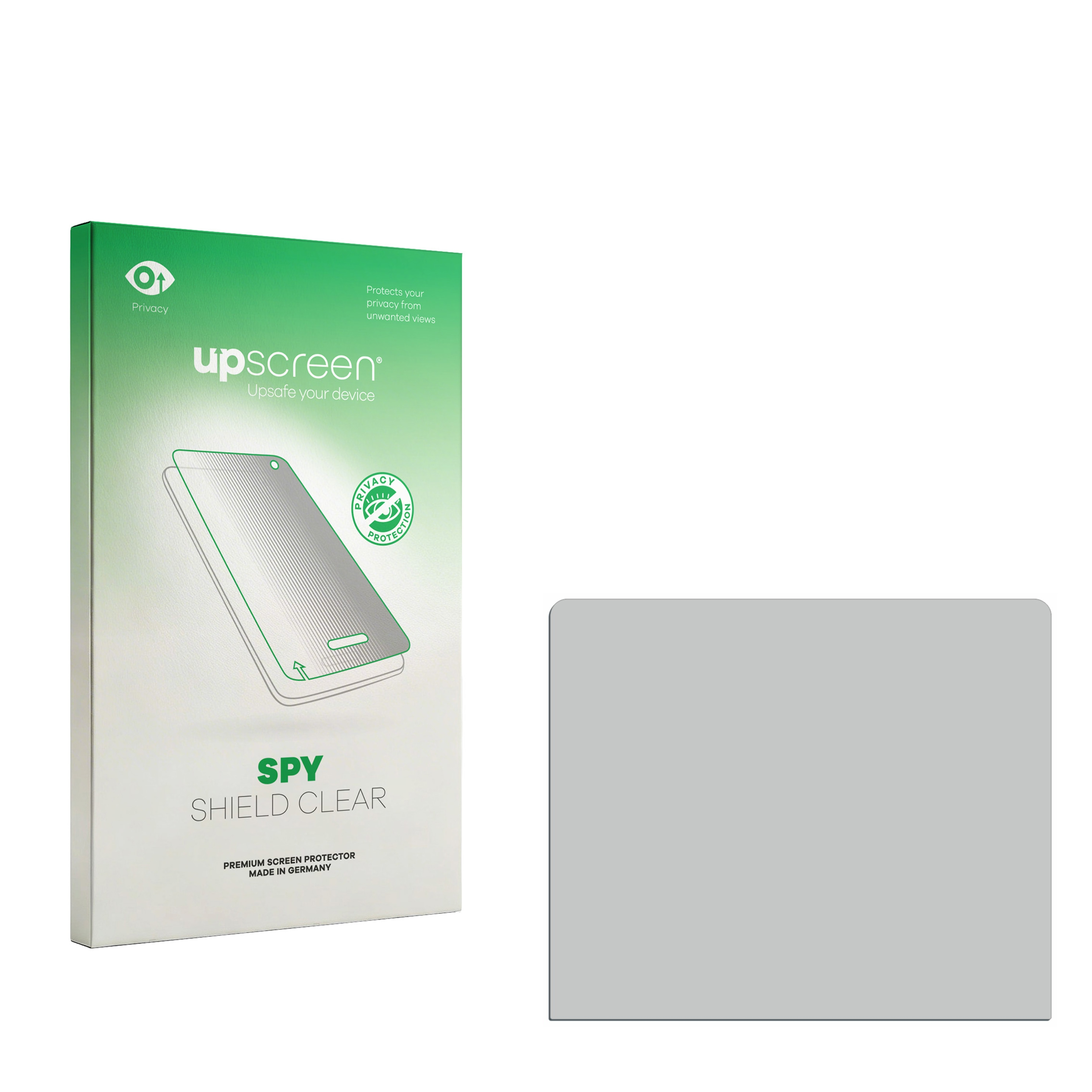 Verpackung für einen Sichtschutz-Displayschutz und einen grauen Displayschutz.