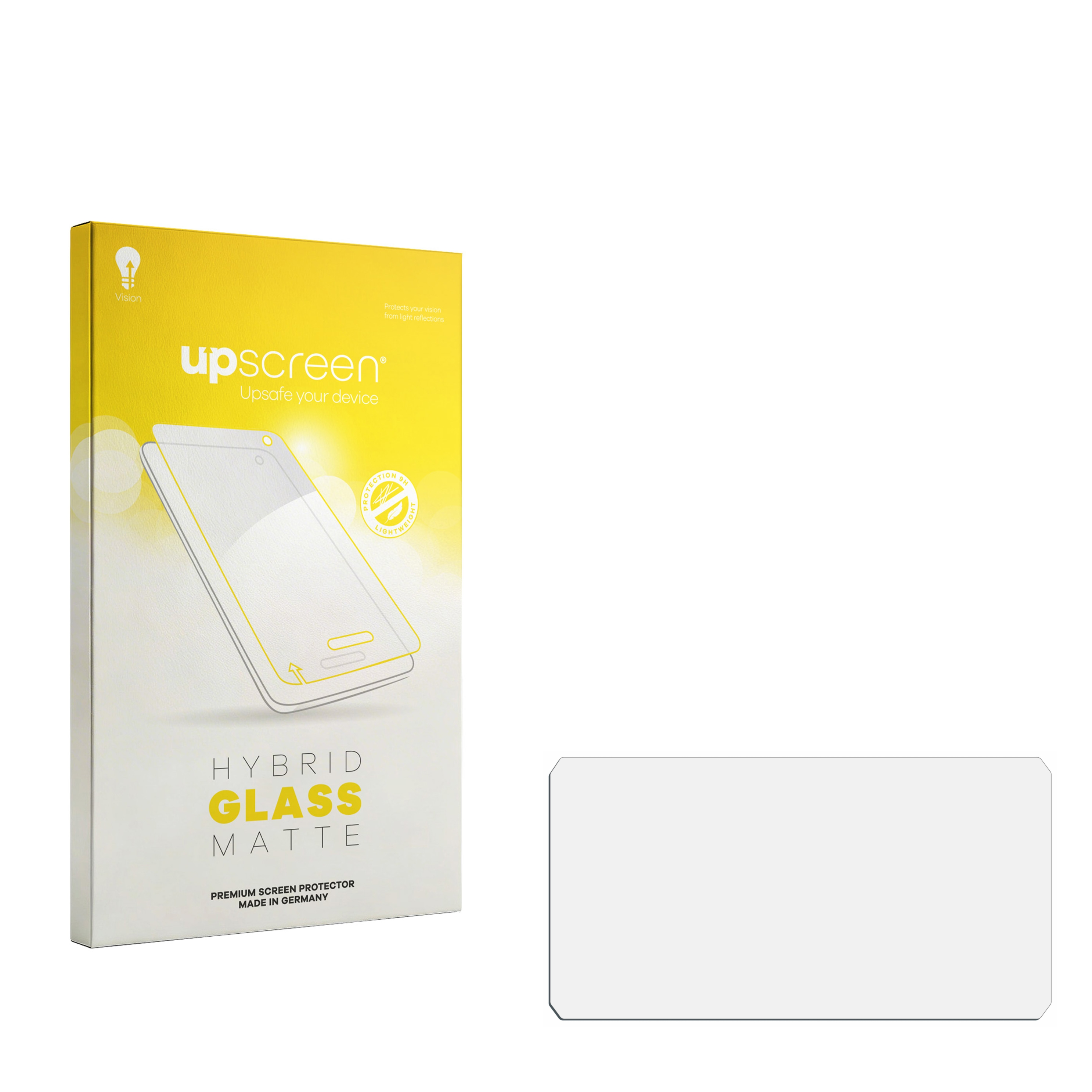 Verpackung für einen matten Hybrid-Glasschutz mit Handy-Abbildung.