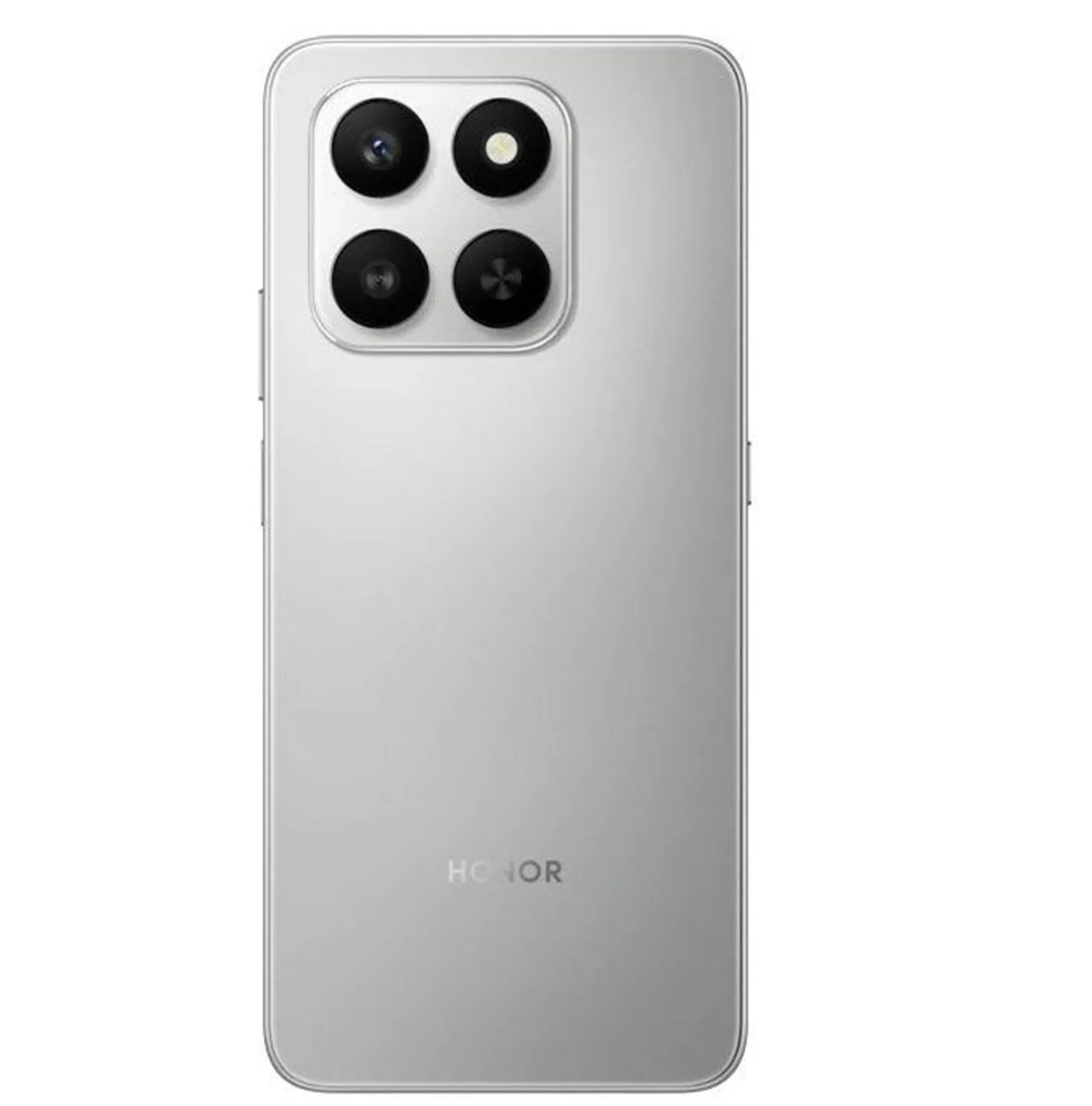 Retro di uno smartphone argentato con quattro fotocamere e logo HONOR.
