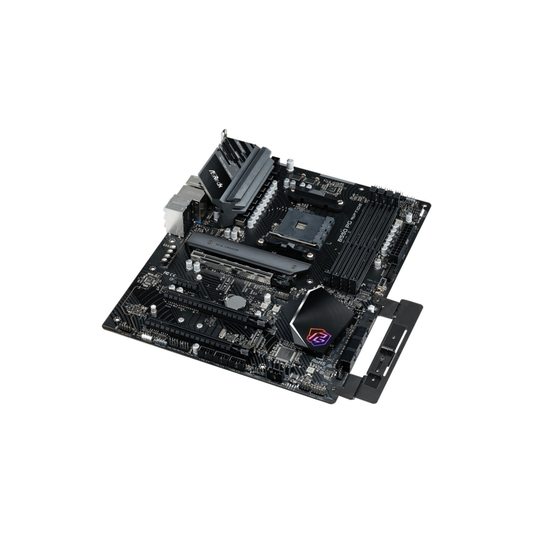 Schwarzes Motherboard mit Kühlkörpern und Anschlüssen, ASRock-Logo sichtbar.