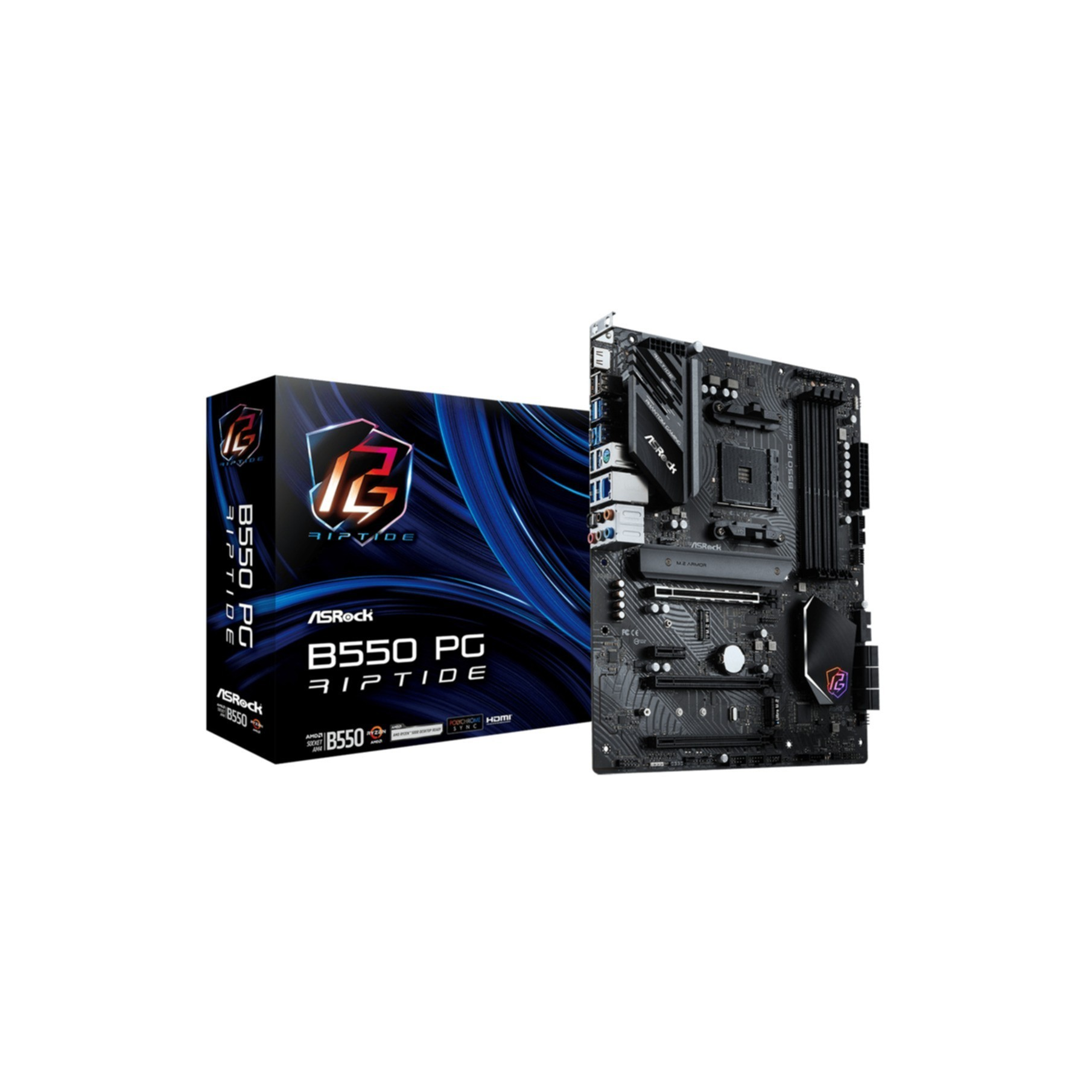 Eine ASRock B550 PG Riptide Motherboard-Verpackung und ein Motherboard.
