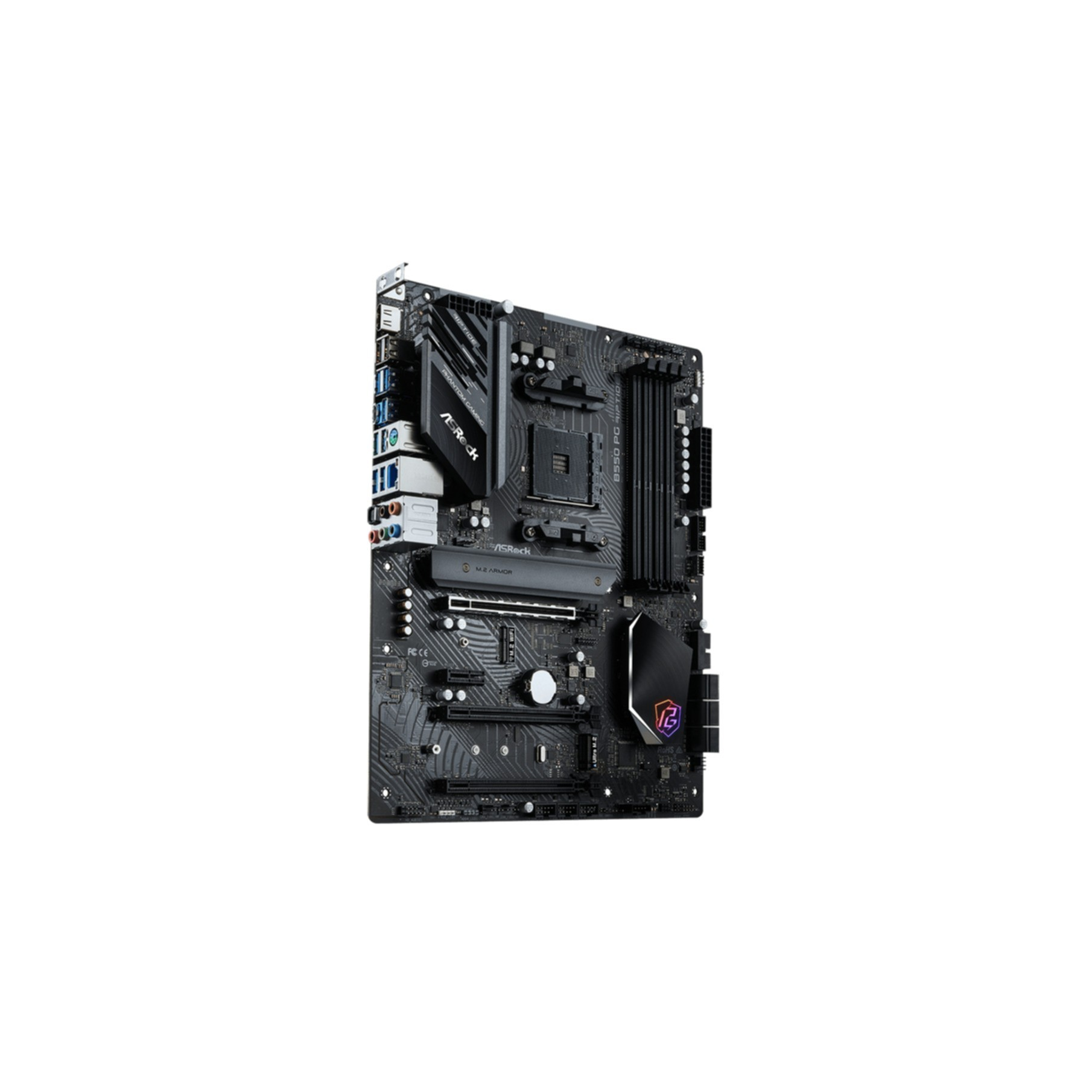 Schwarzes Motherboard mit Anschlüssen und Lüfterkühlern, auf weißem Hintergrund.