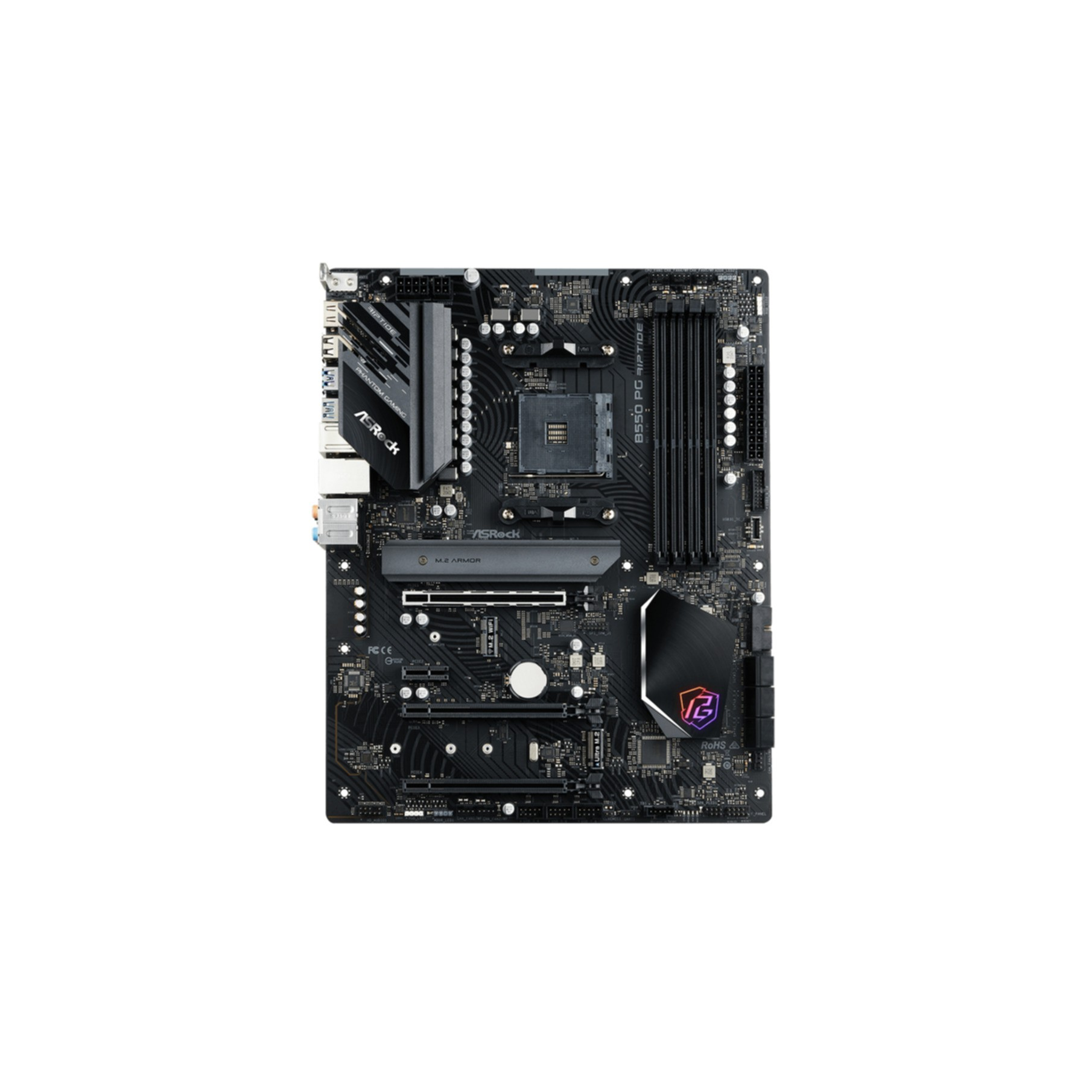 Schwarzes Motherboard mit CPU-Sockel, RAM-Steckplätzen und Kühlkörpern.