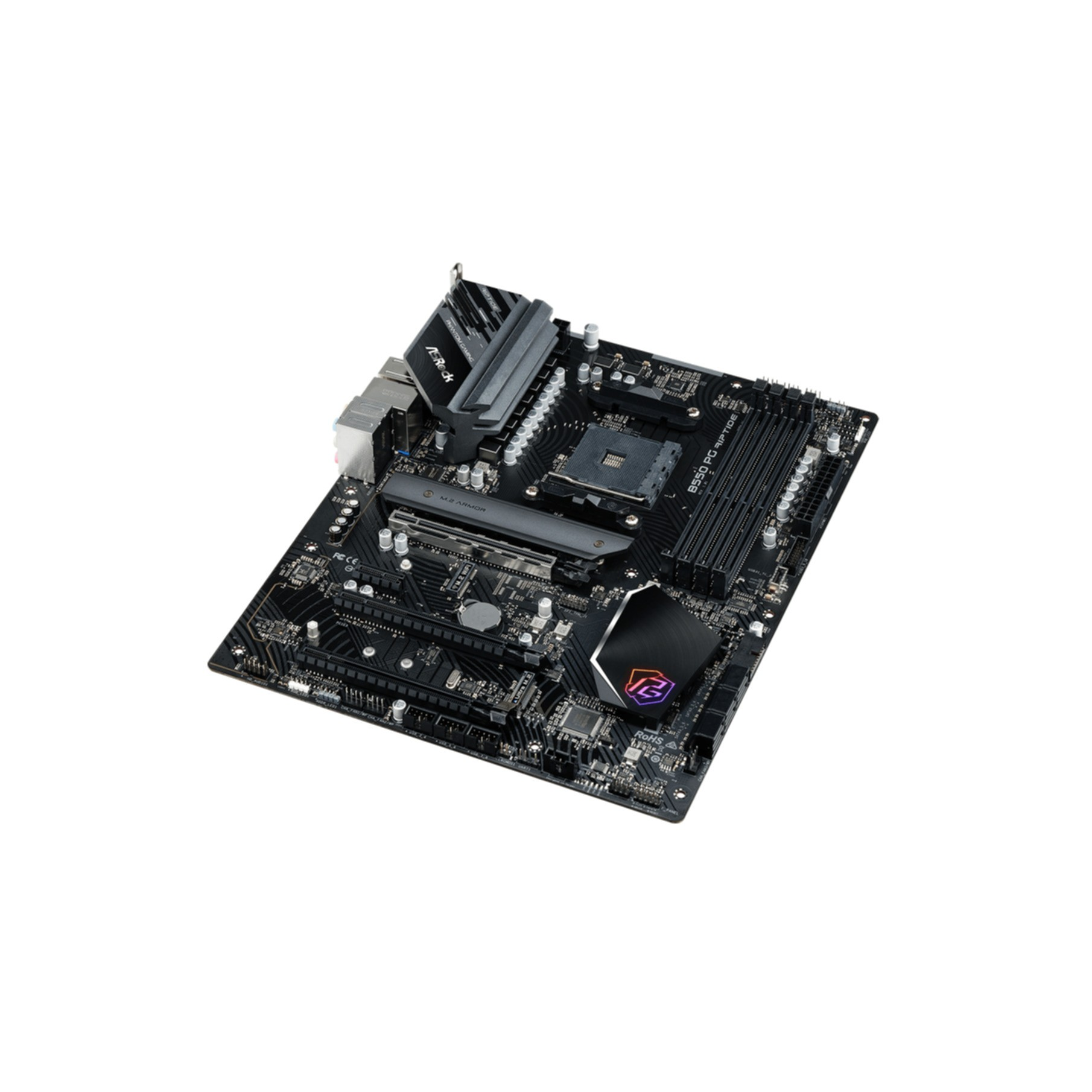Schwarzes Motherboard mit silbernen Kühlkörpern und farbigem Logo.