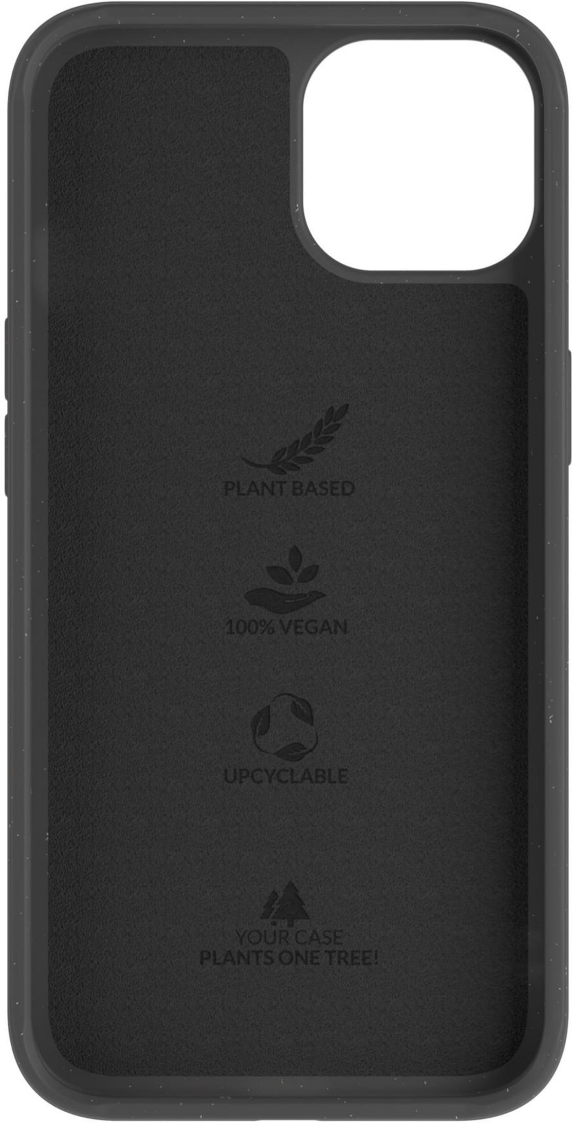 Interno custodia nera per telefono con simboli e testo vegetale, vegano, riciclabile.
