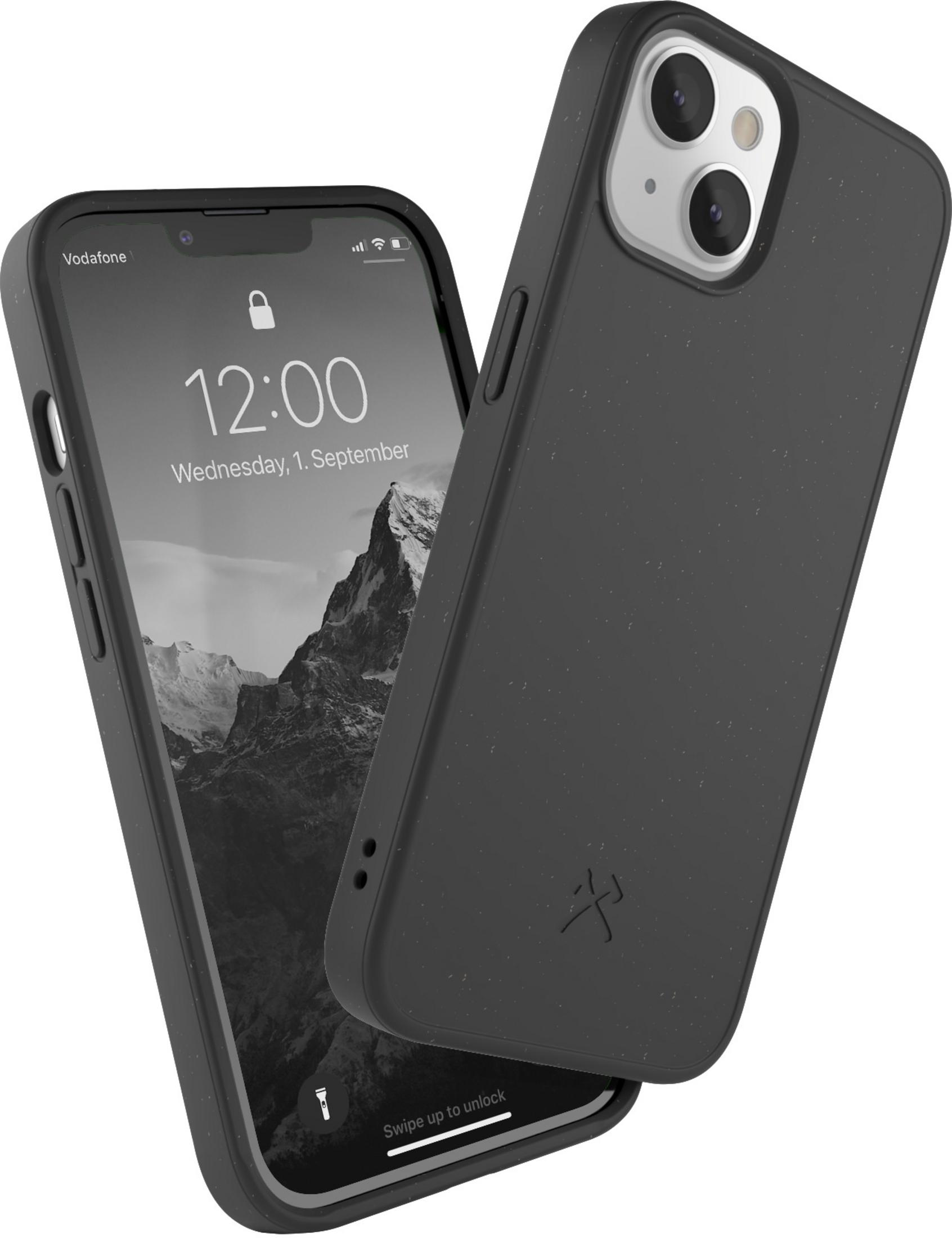 iPhone scuro con due fotocamere e custodia nera.
