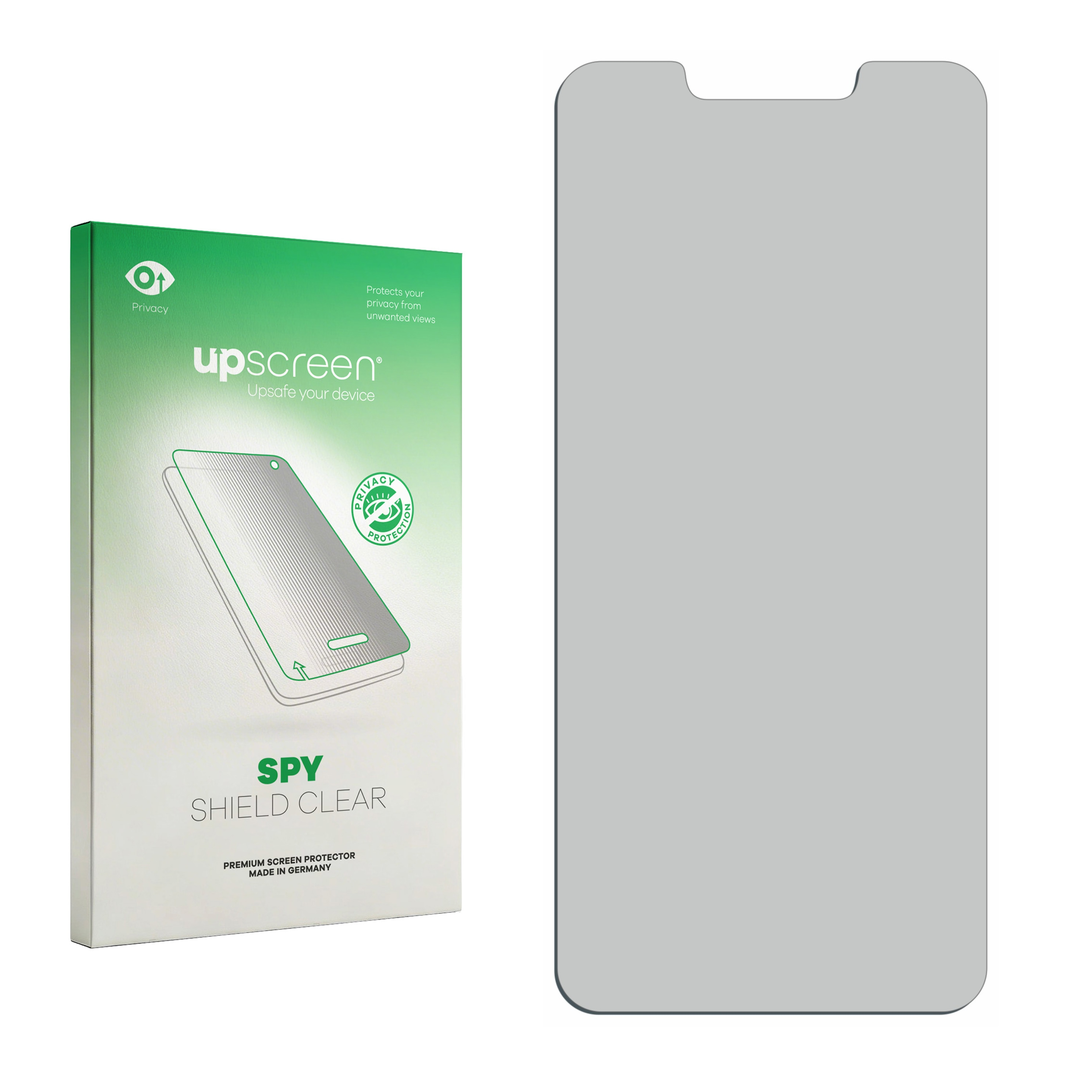 Verpackung für Displayschutzfolie mit Handy-Darstellung, Made in Germany.