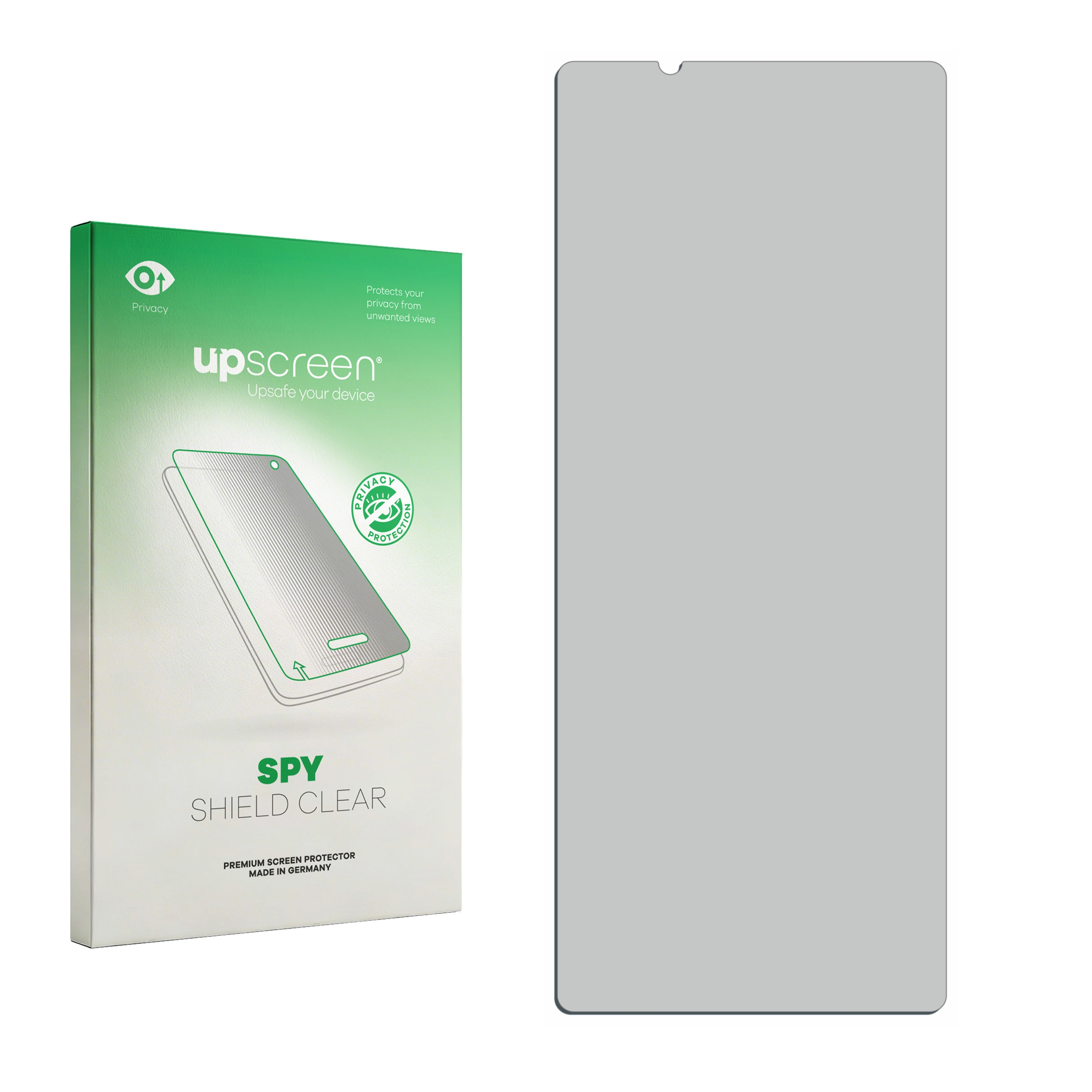 Grüne Verpackung und ein grauer Displayschutz für ein Smartphone.
