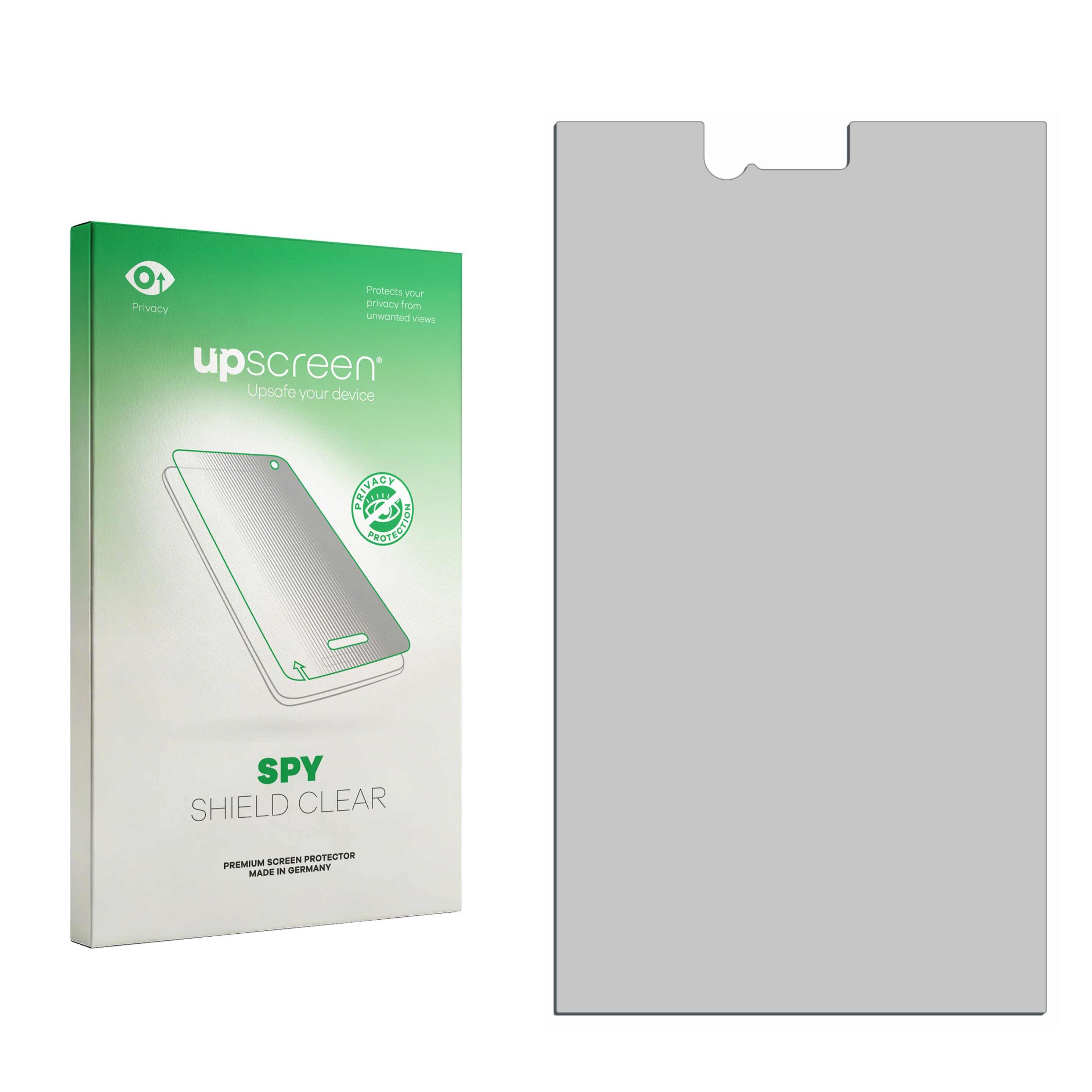 Verpackung für einen Sichtschutz-Displayschutz mit dem Aufdruck 'upscreen SPY SHIELD CLEAR'.
