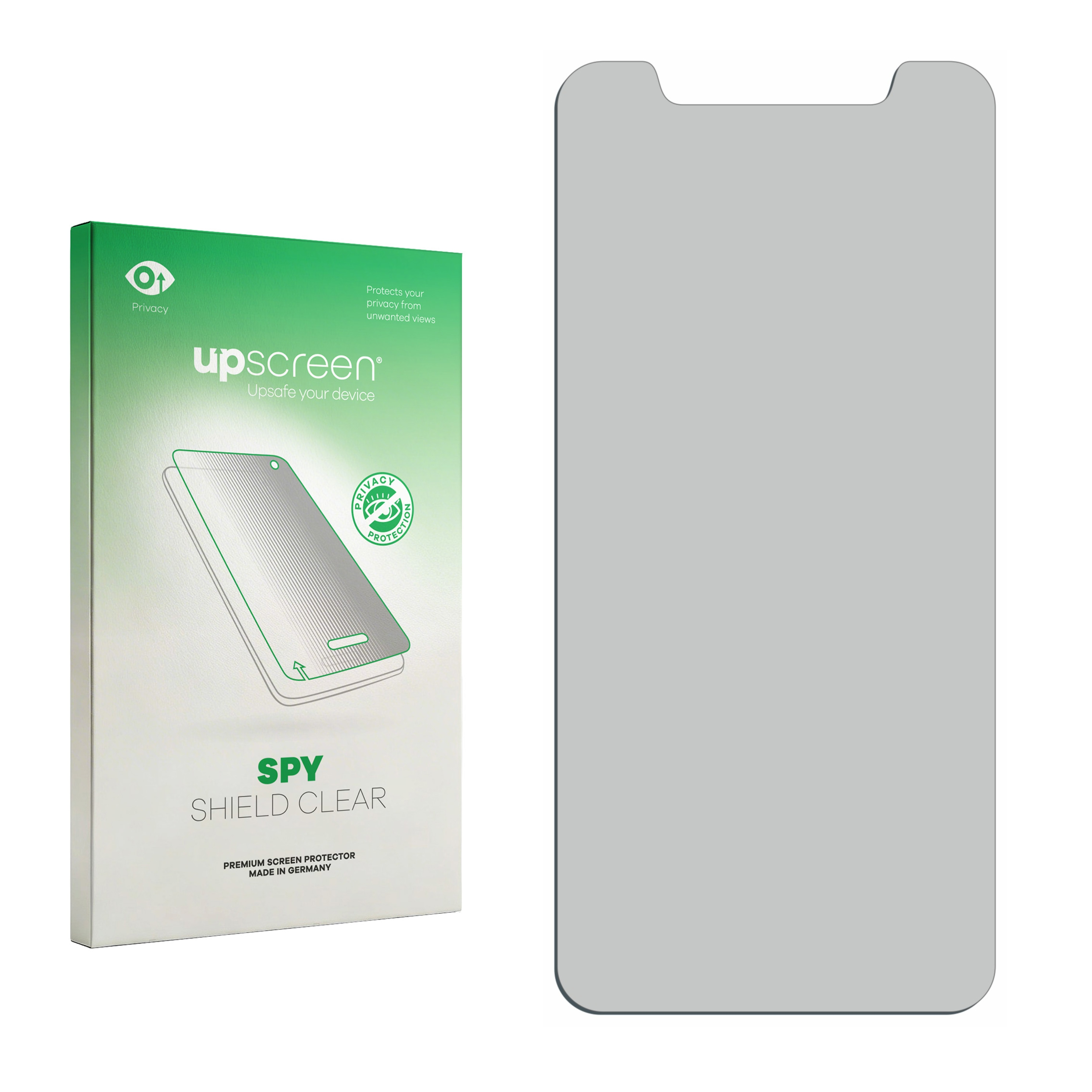 Verpackung und Displayschutzfolie für ein Smartphone. Grüne Verpackung mit Aufdruck.