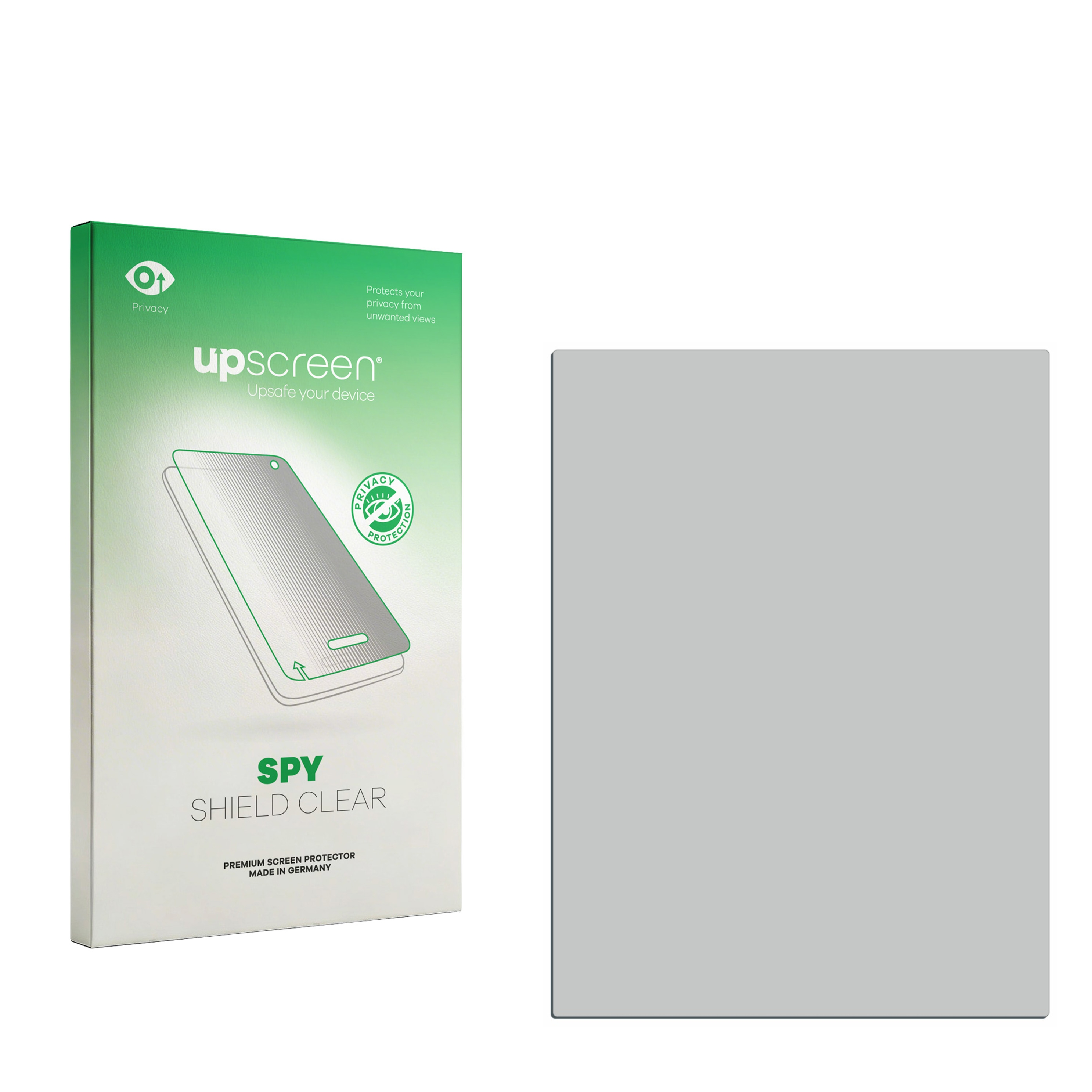 Eine grüne Verpackung mit Sichtfenster zeigt einen Displayschutz für Smartphones. Daneben ein graues Rechteck.