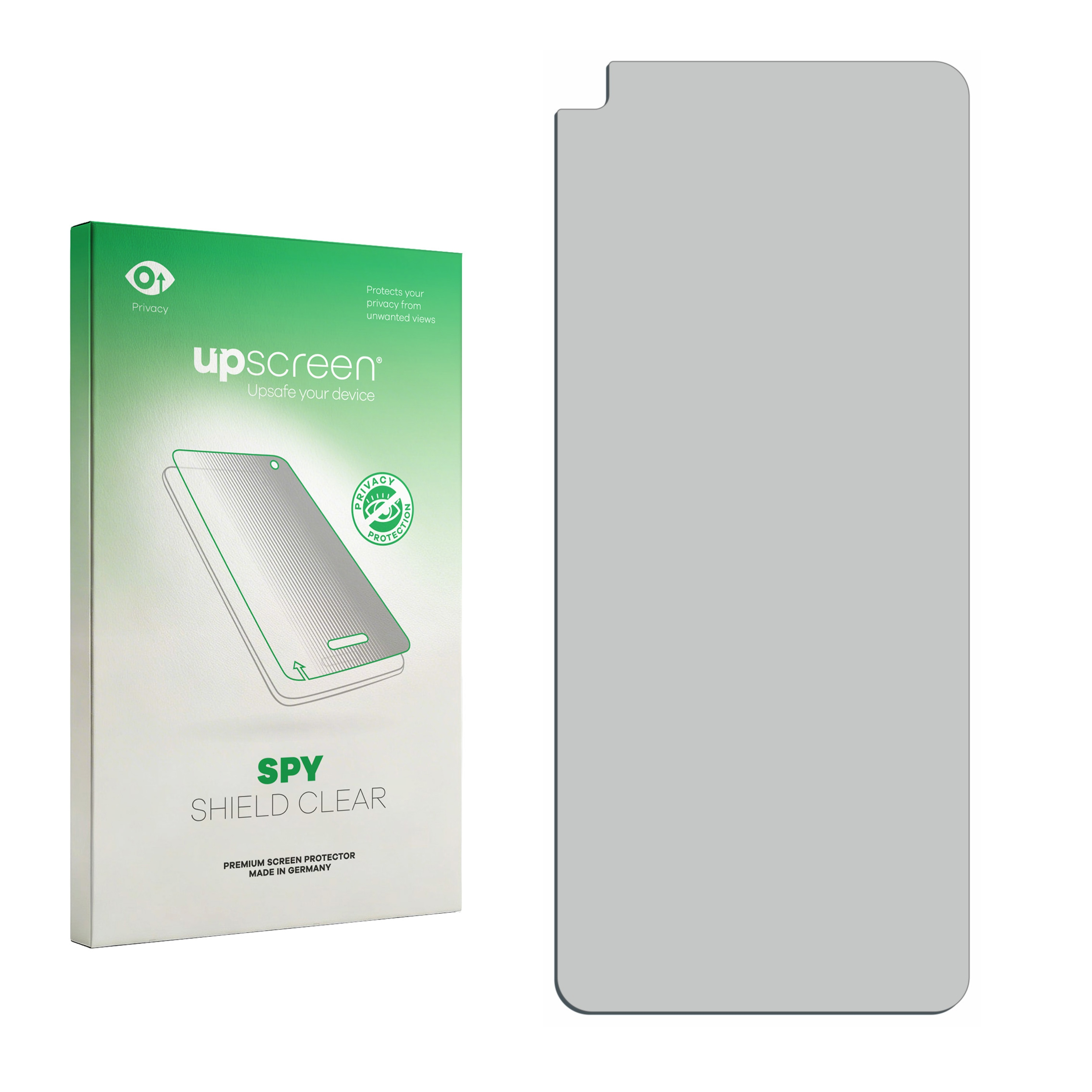 Eine grün-weiße Verpackung für die "upscreen SPY SHIELD CLEAR" Blickschutzfolie, neben einer grauen Blickschutzfolie.