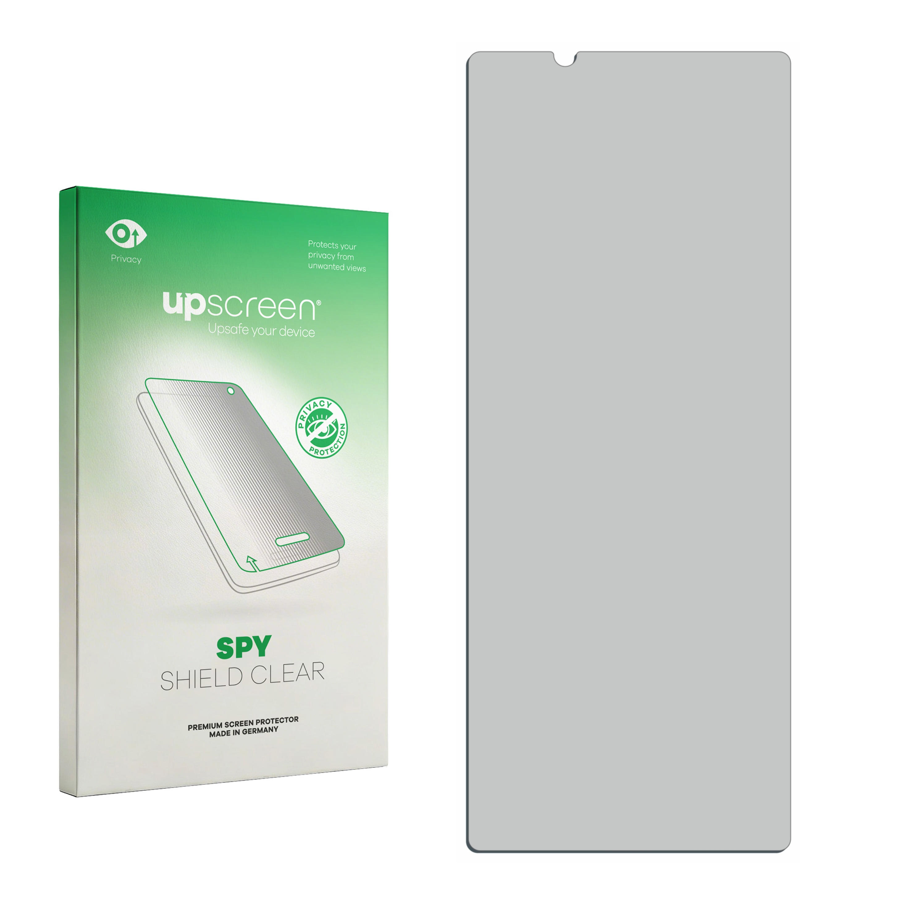 Grüne Verpackung mit Handy-Schutzfolie. 'Upscreen SPY SHIELD CLEAR'.