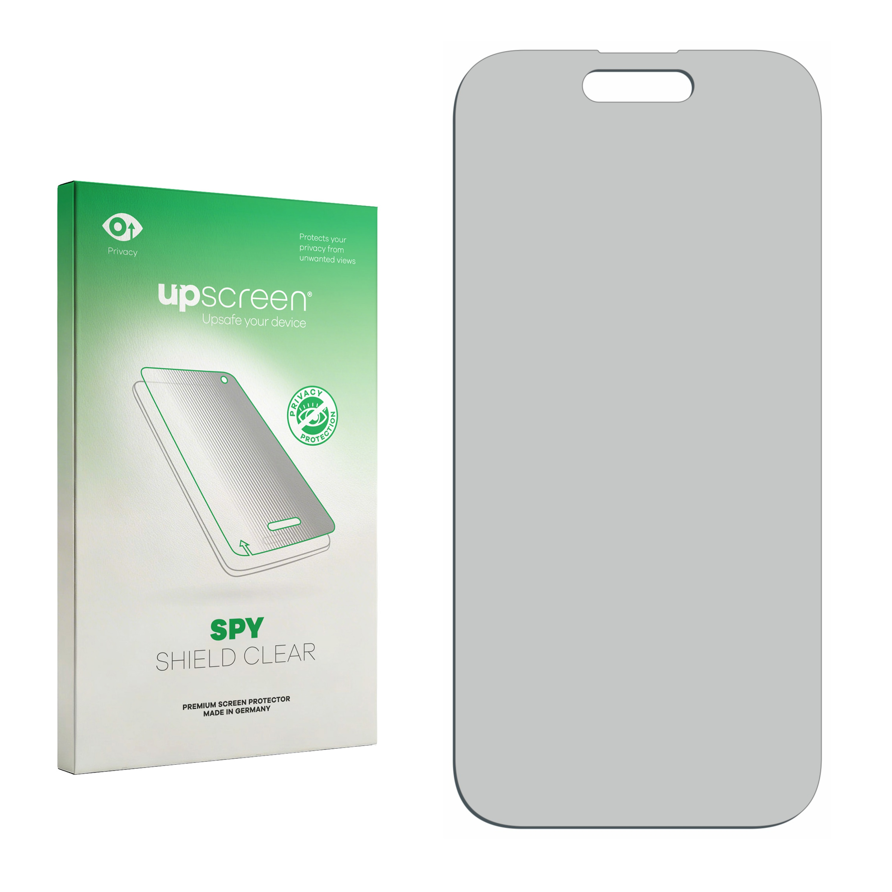 Verpackung und Displayschutzfolie für ein Smartphone. Grün und Grau.
