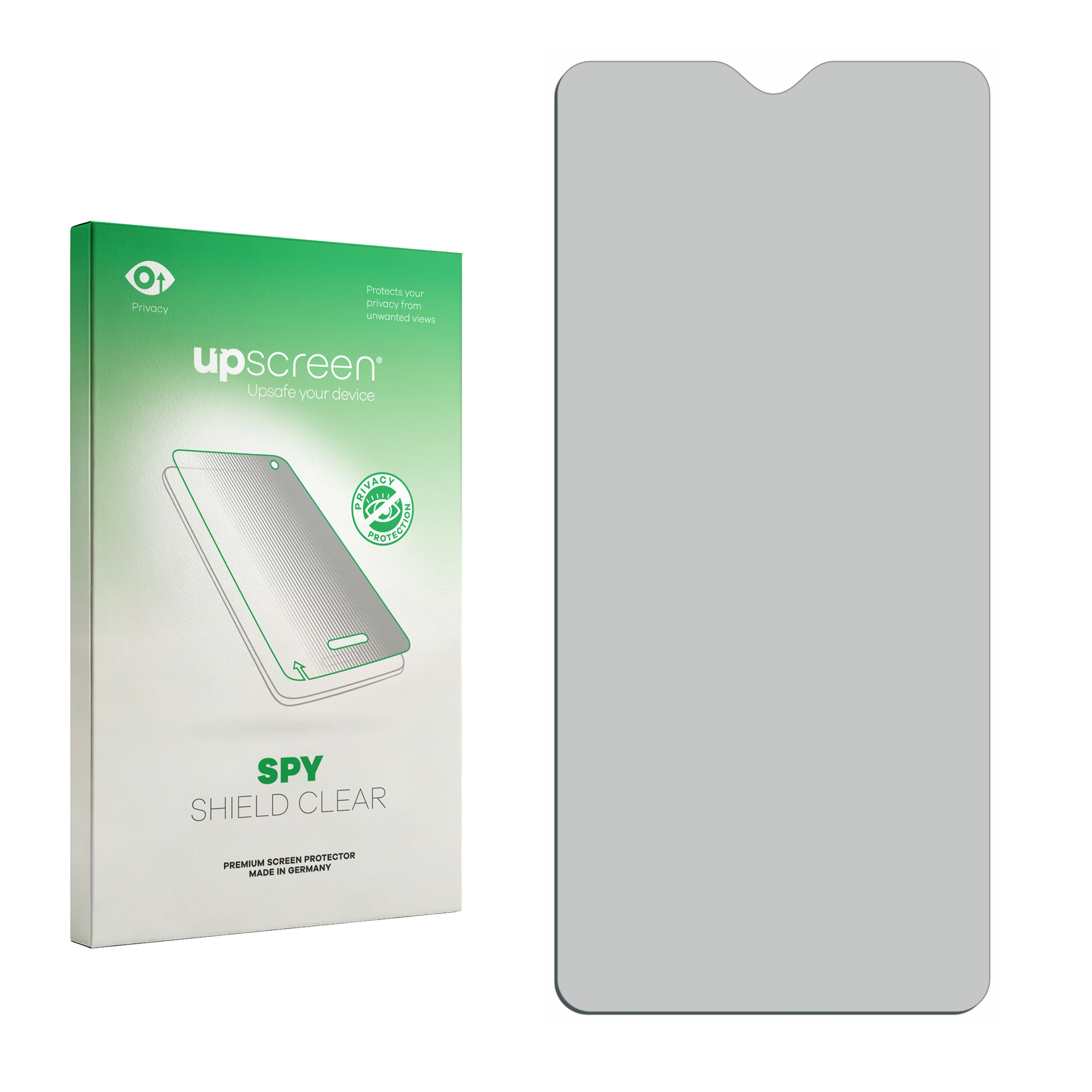 Verpackung für einen Displayschutz mit einem Bild eines Smartphones und dem Text 'SPY SHIELD CLEAR'.