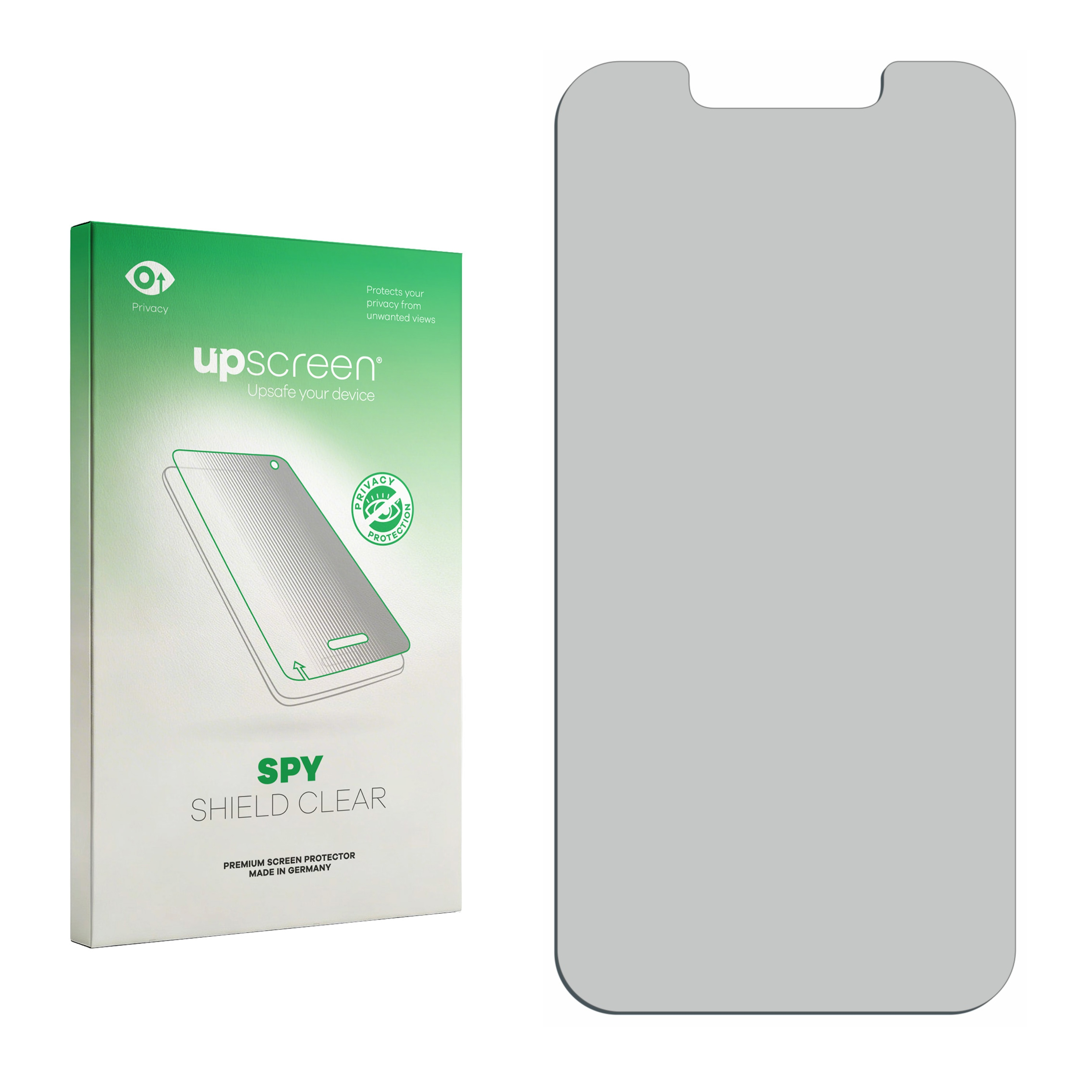 Grüne Verpackung für Displayschutzfolie neben einem grauen Smartphone-Display.