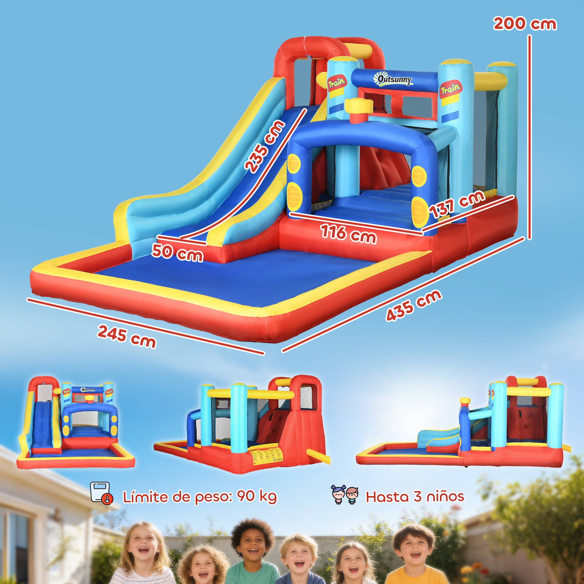 Castillo hinchable con tobogán y piscina, medidas 435x245x200 cm.