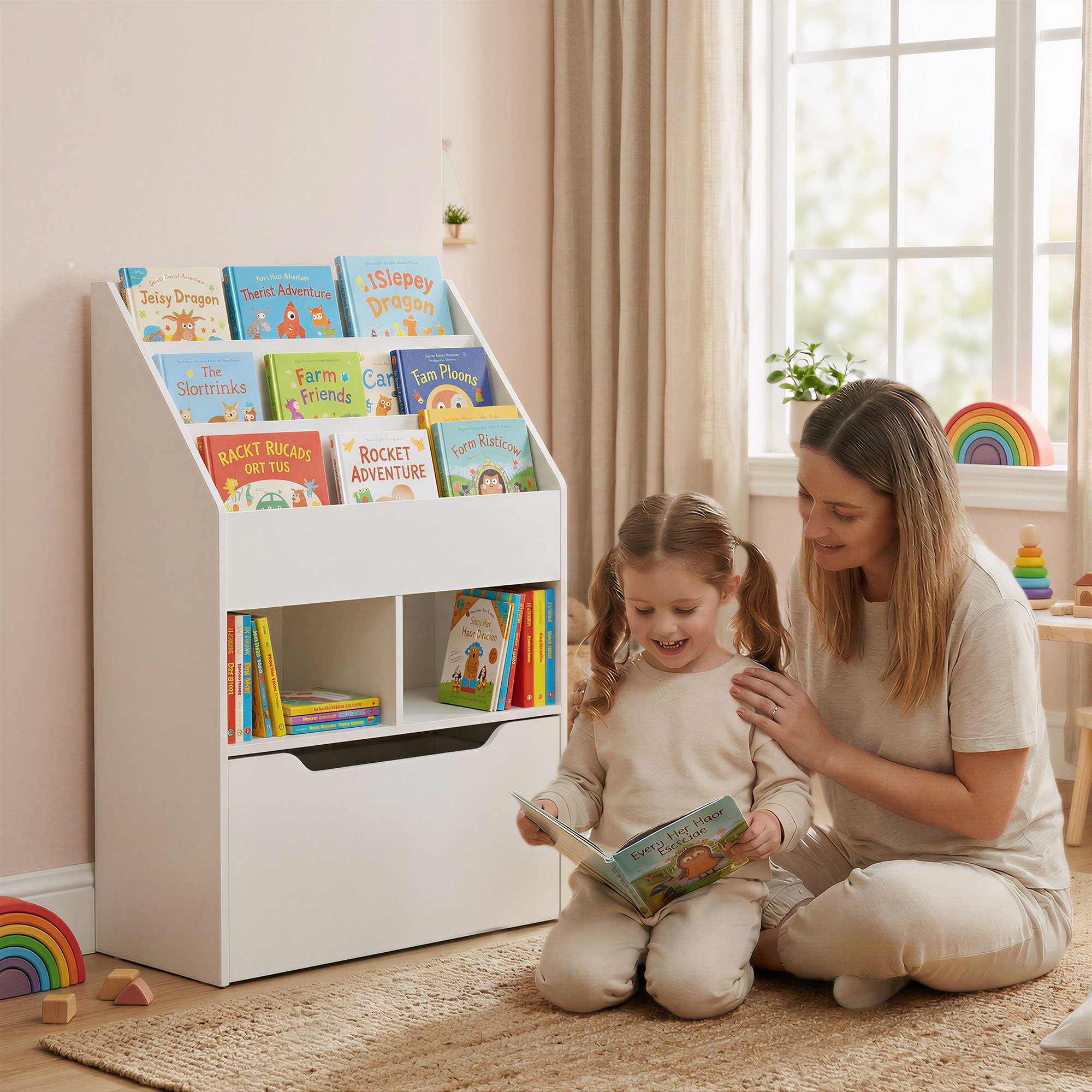 Una mujer y un niño leen un libro juntos frente a una estantería.