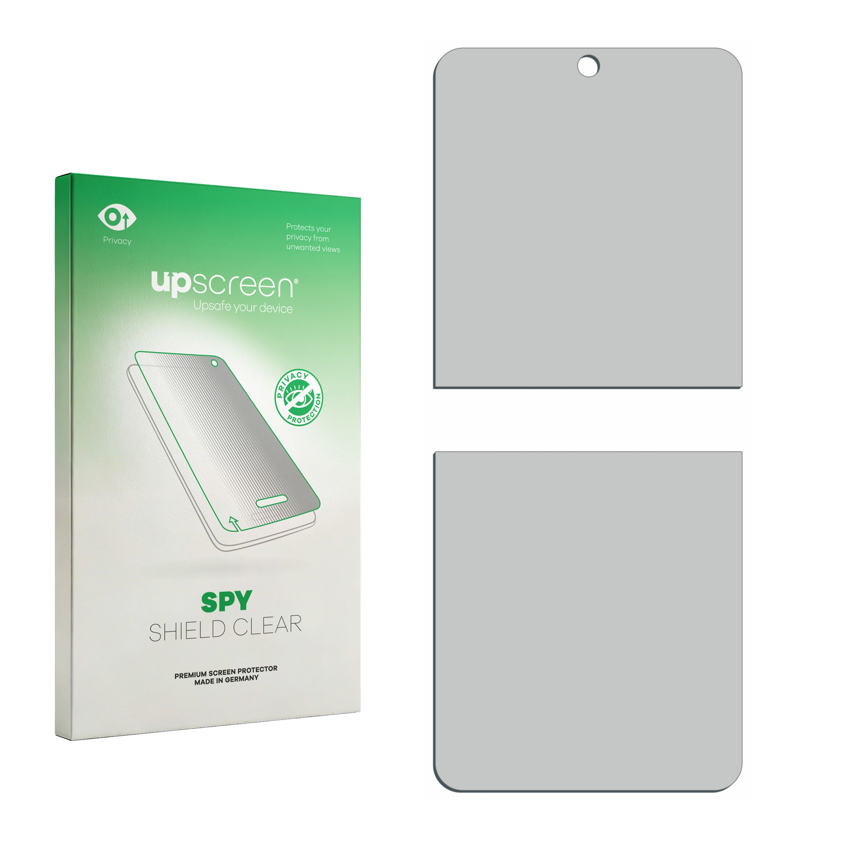 Verpackung für Displayschutzfolie mit zwei grauen Schutzfolien daneben.