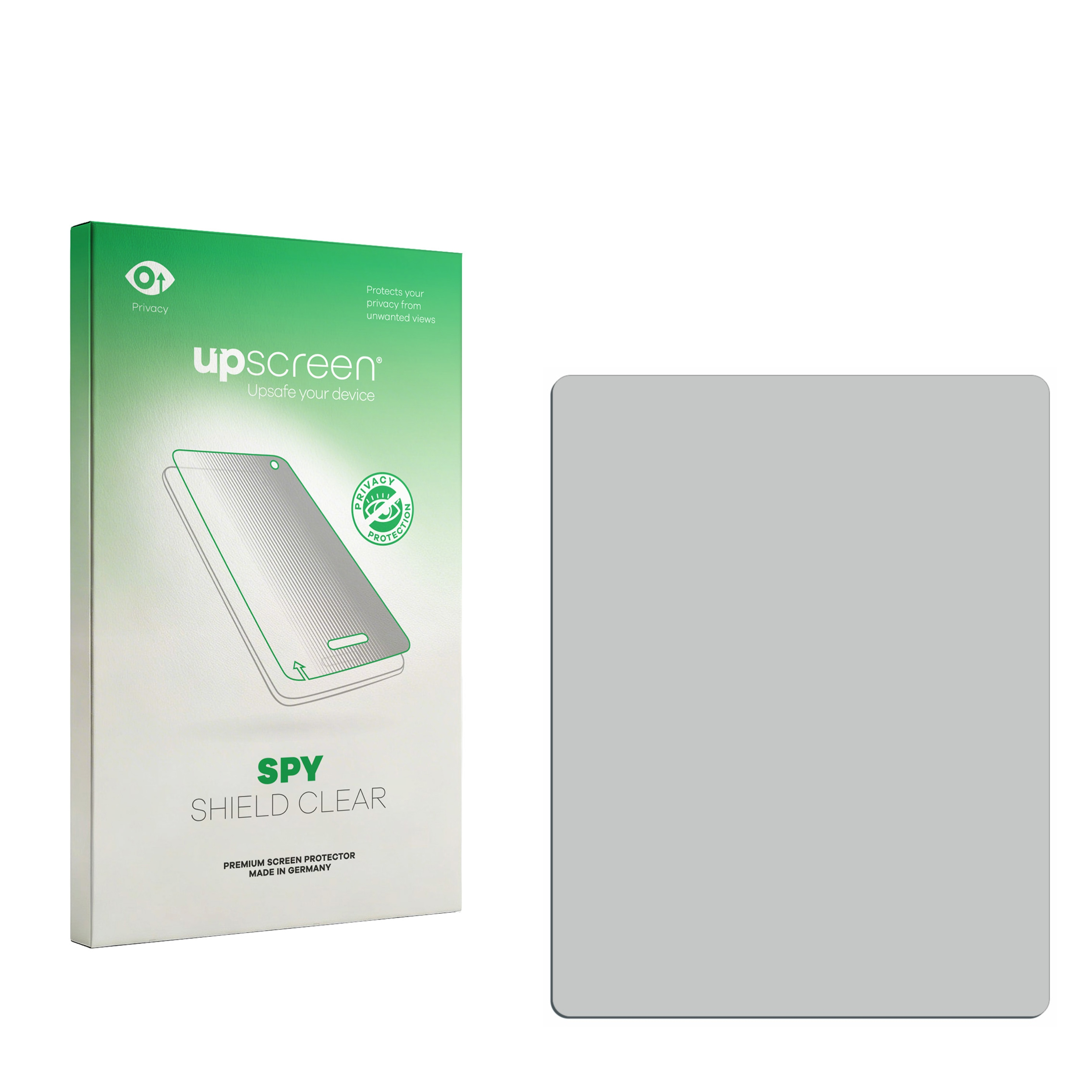 Grüne Verpackung für einen Bildschirmschutz mit den Aufschriften 'upscreen' und 'SPY SHIELD CLEAR'.
