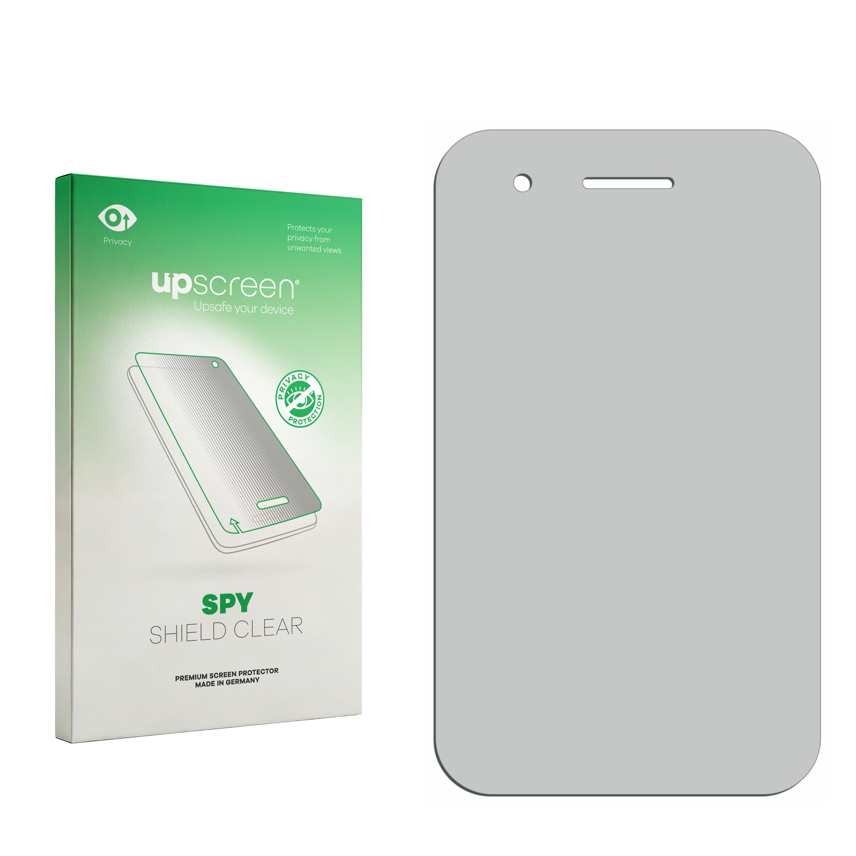 Verpackung und Displayschutzfolie für ein Smartphone. Grüne Verpackung links, Folie rechts.