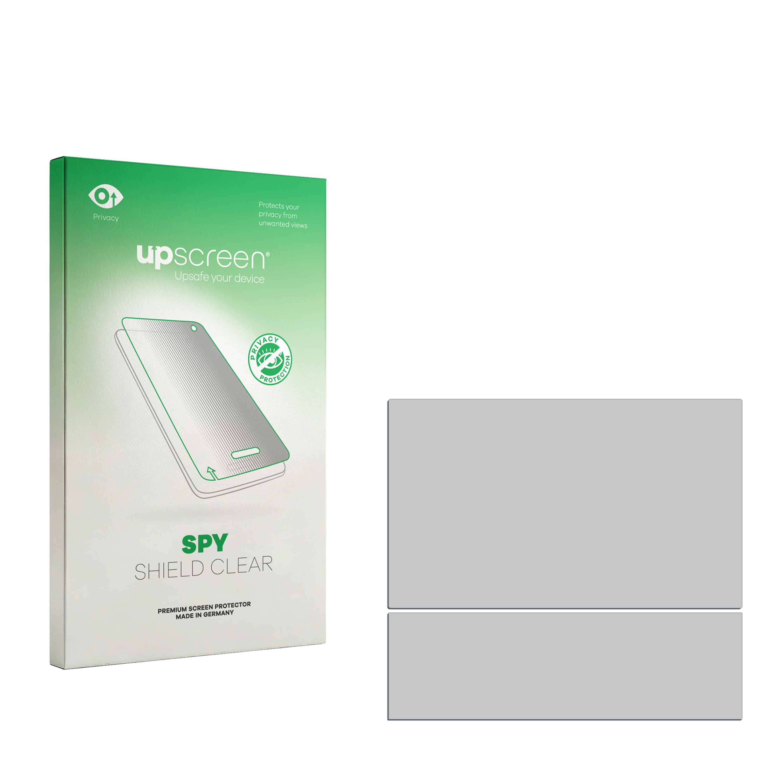 Grüne Verpackung für einen Sichtschutz-Displayschutz. "upscreen SPY SHIELD CLEAR".