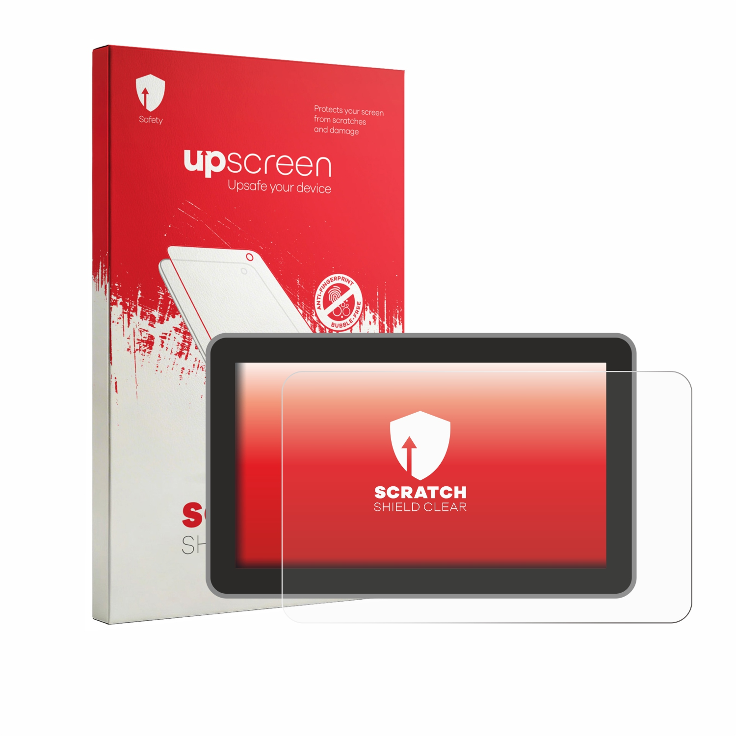 Ein Displayschutz und eine Verpackung für ein Tablet auf weißem Hintergrund.