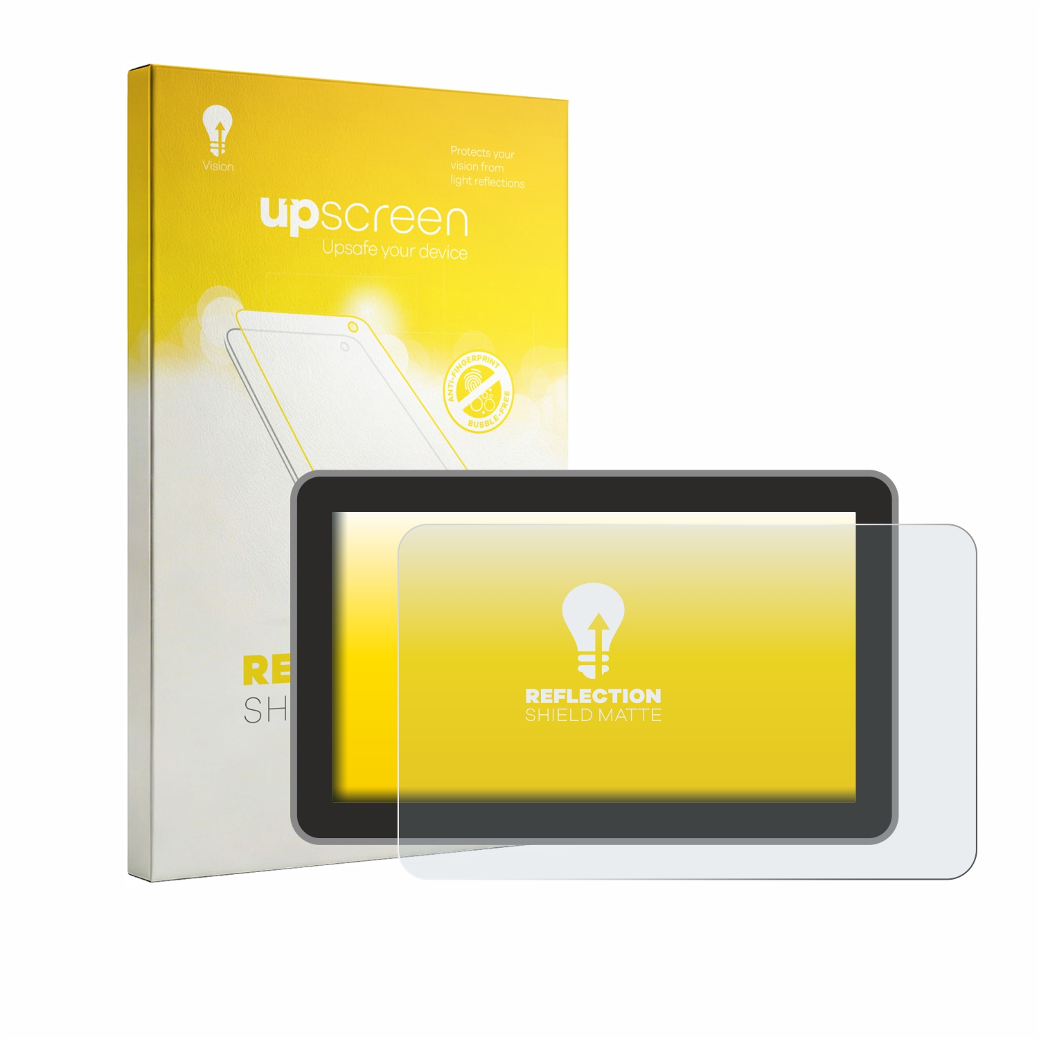 Verpackung und Schutzfolie für ein Tablet mit gelbem Hintergrund.