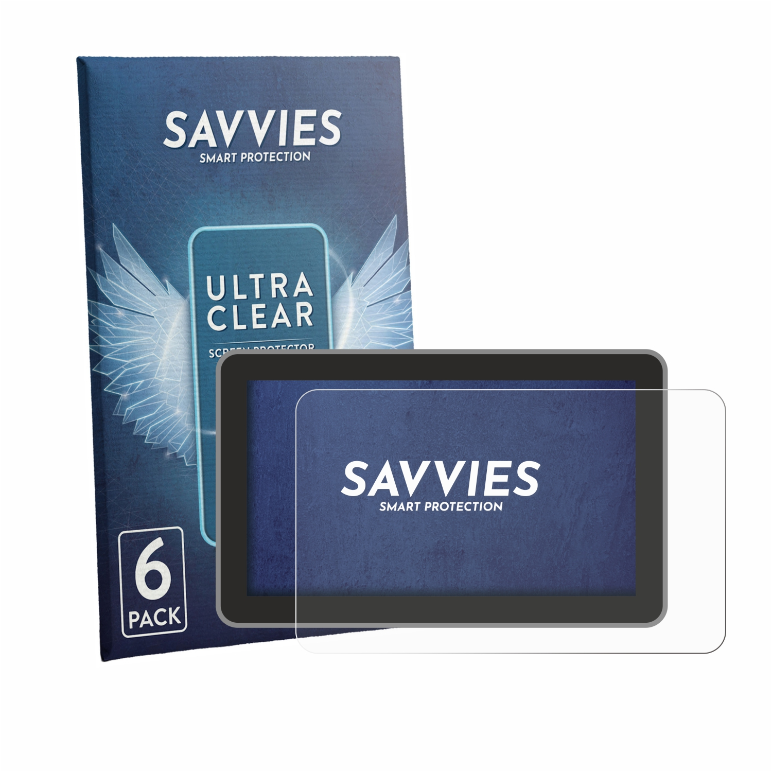 Savvies Ultra Clear Displayschutzfolie 6er Pack Box und eine einzelne Folie.