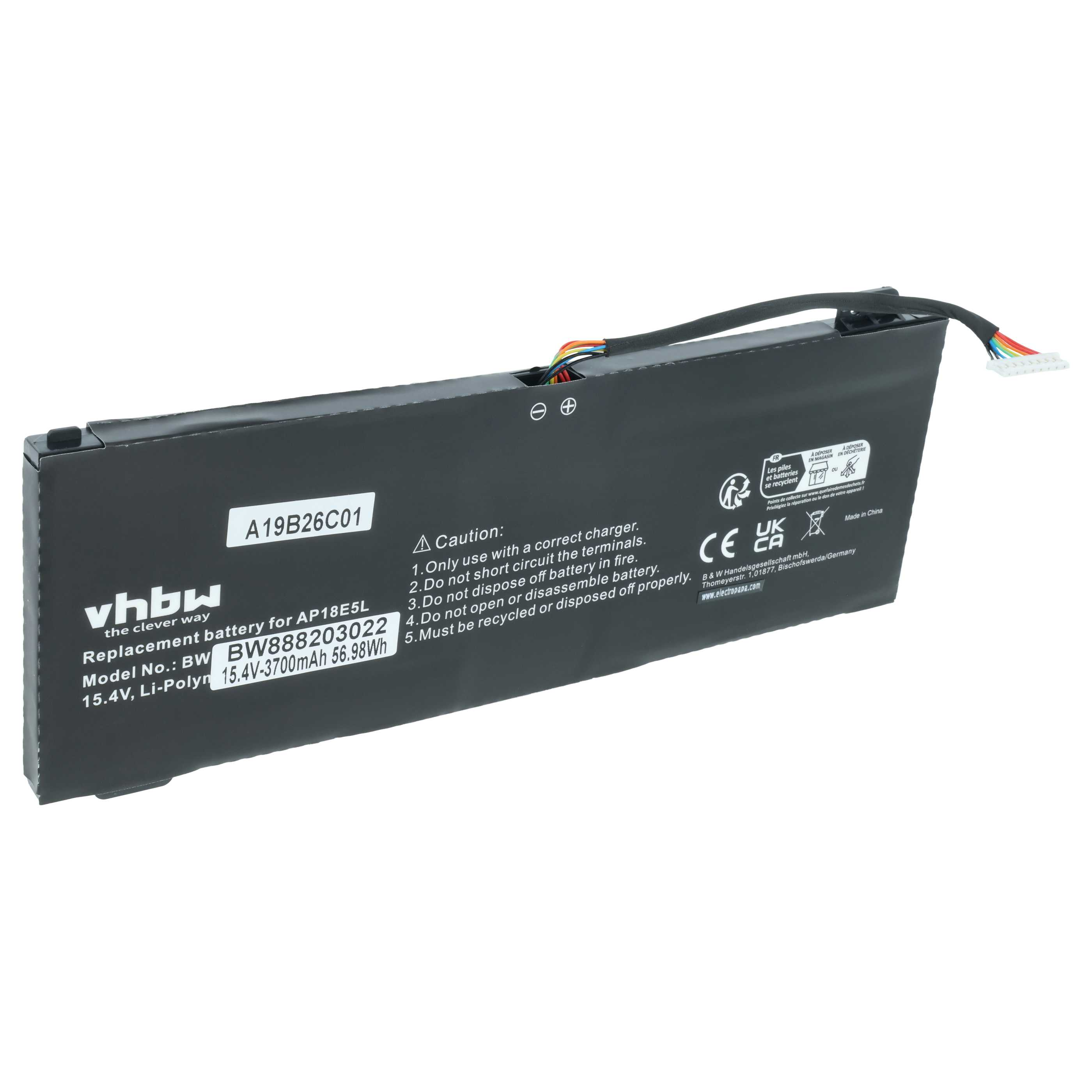 Schwarzer Laptop-Akku mit Kabel und Anschlüssen, Modell AP18E5L.